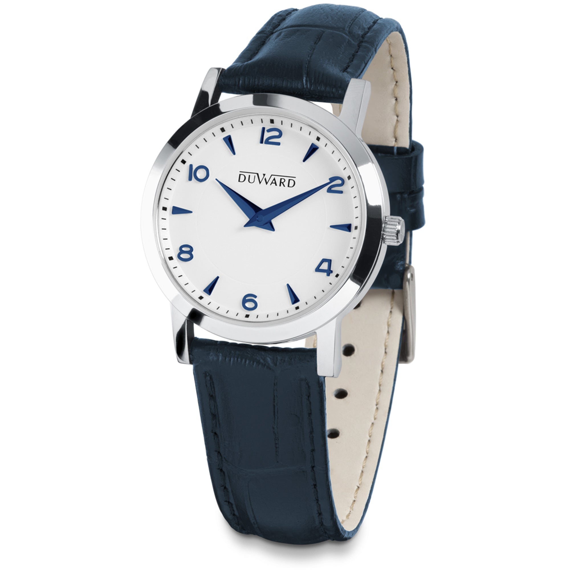 Reloj de mujer elegante caja de acero, 5 atm y correa de piel azul