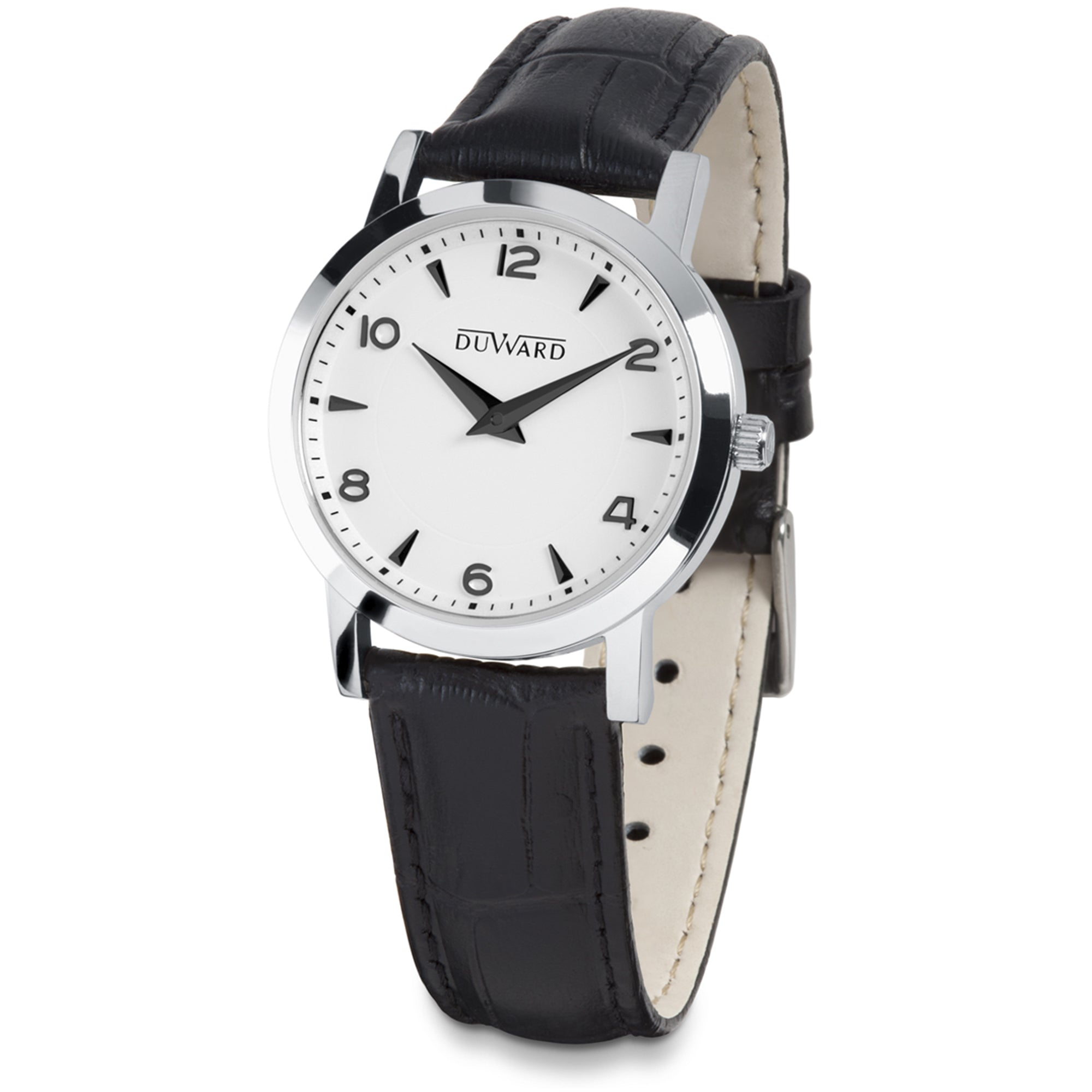 Reloj de mujer elegante caja de acero, 5 atm, y correa de piel negra