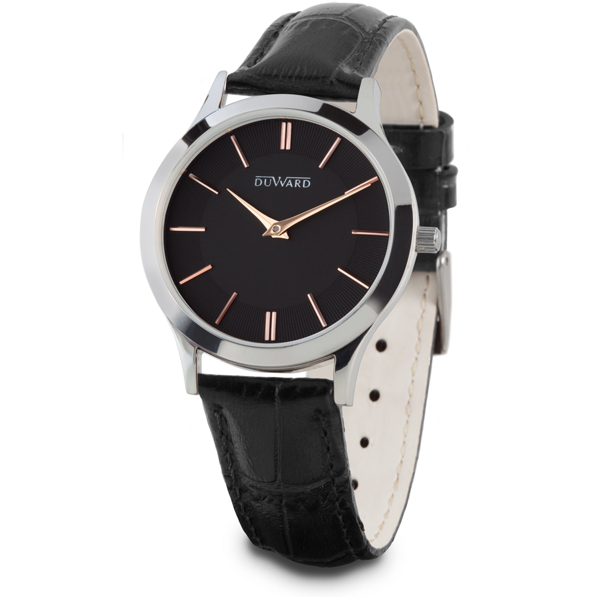 Reloj de mujer con caja extraplana de acero y correa de piel negra