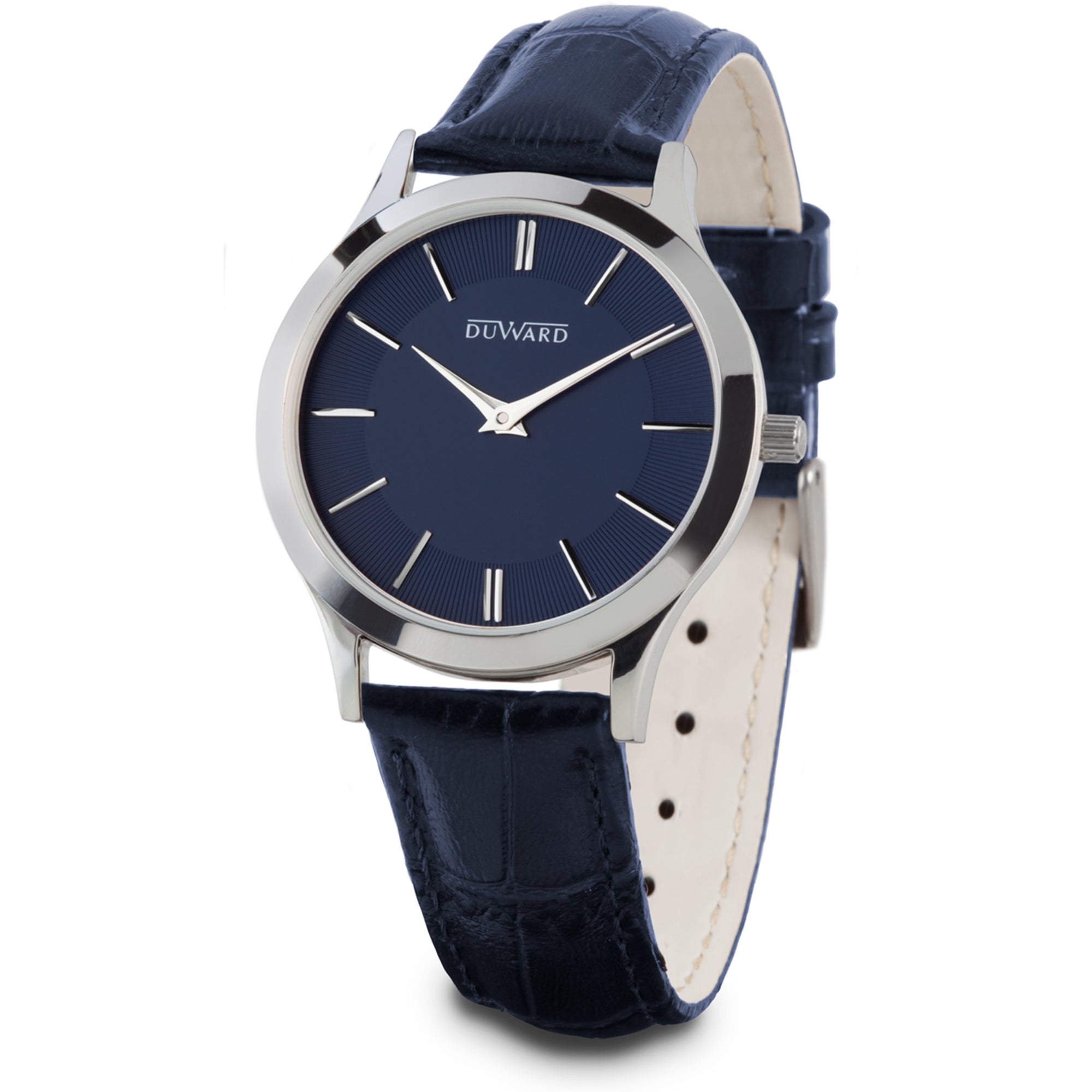 Reloj de mujer con caja extraplana de acero y correa de piel azul