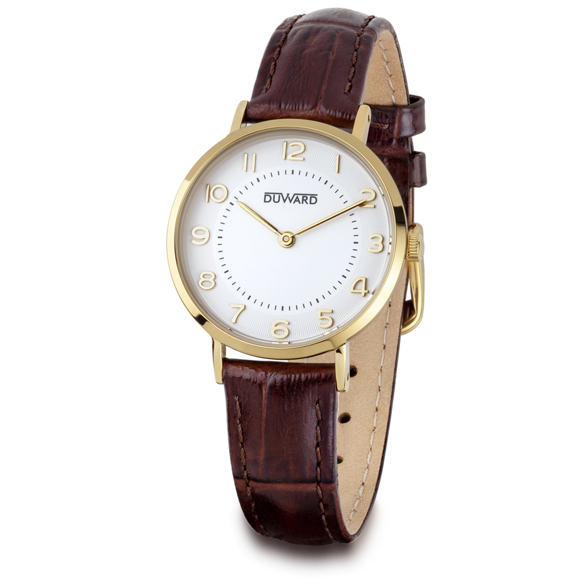 Reloj de mujer con caja extraplana de acero Ip dorada y numeros arabes