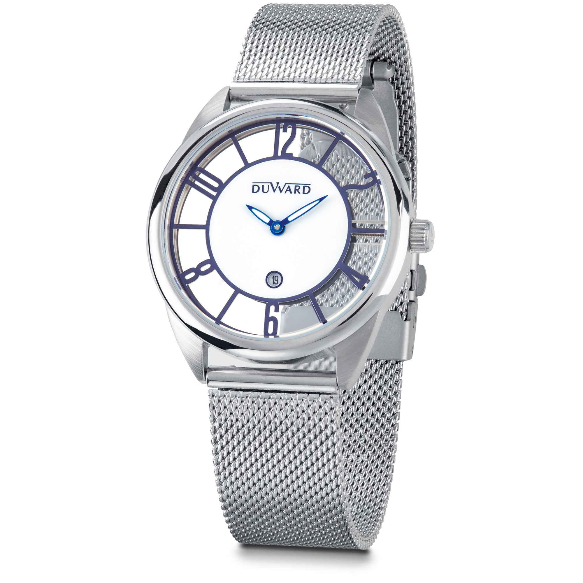 Señora.Correa.Acero.2 agujas calendario.Blanco azu