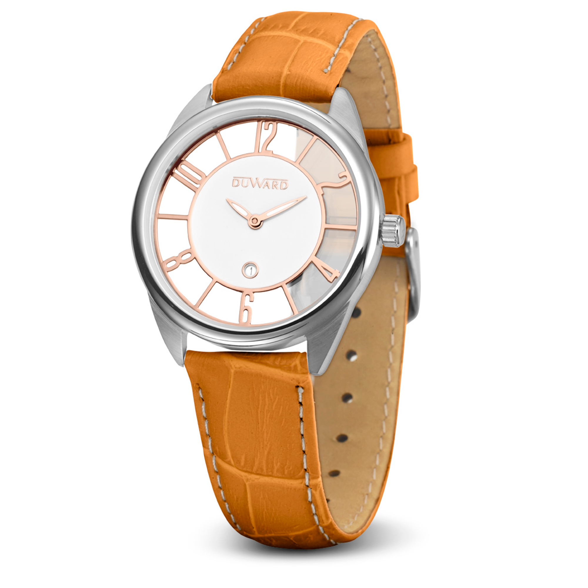 Señora.Correa.Acero.2 agujas calendario.Blanco ros