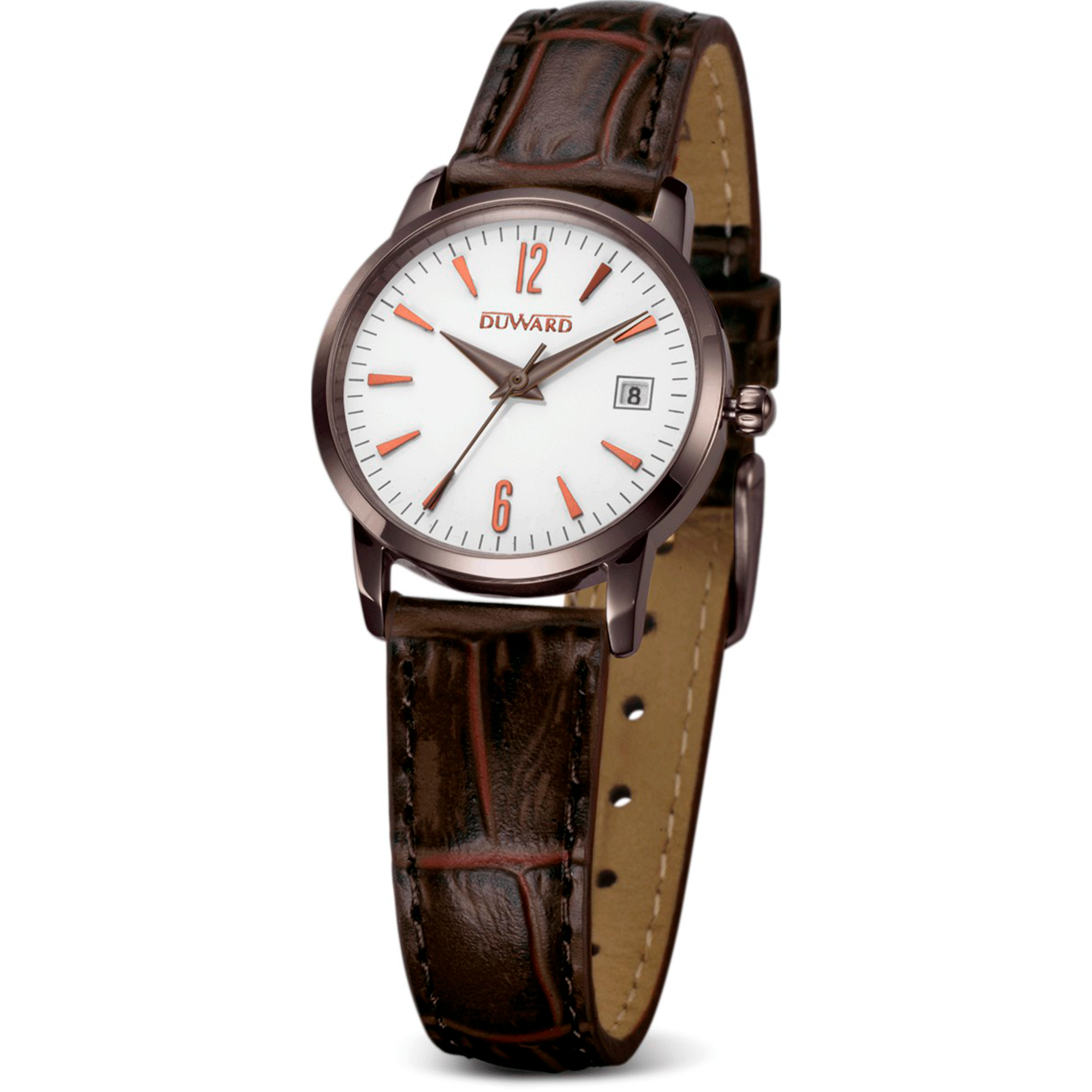 Reloj de mujer con caja acero Ip marron esfera blanca con indices marron y correa de piel