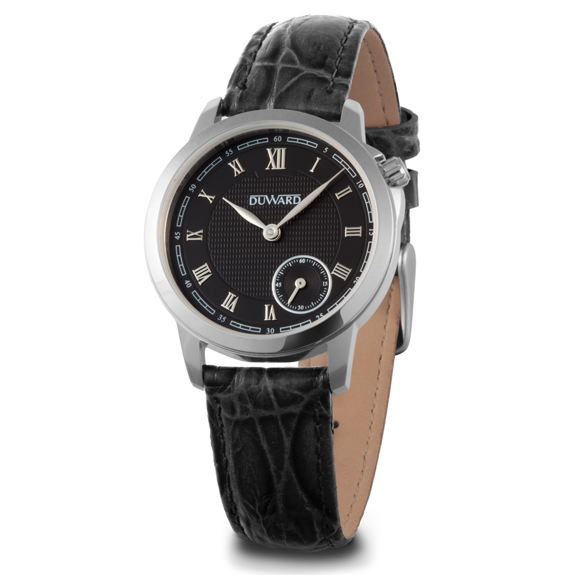 Reloj de mujer con caja acero esfera negra e numeros romanos plateados con correa piel negra