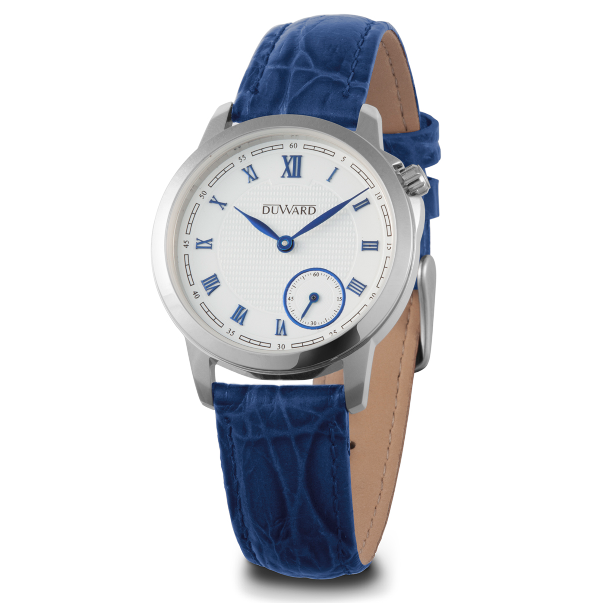 Reloj de mujer con caja acero esfera azul e numeros romanos plateados con correa piel azul