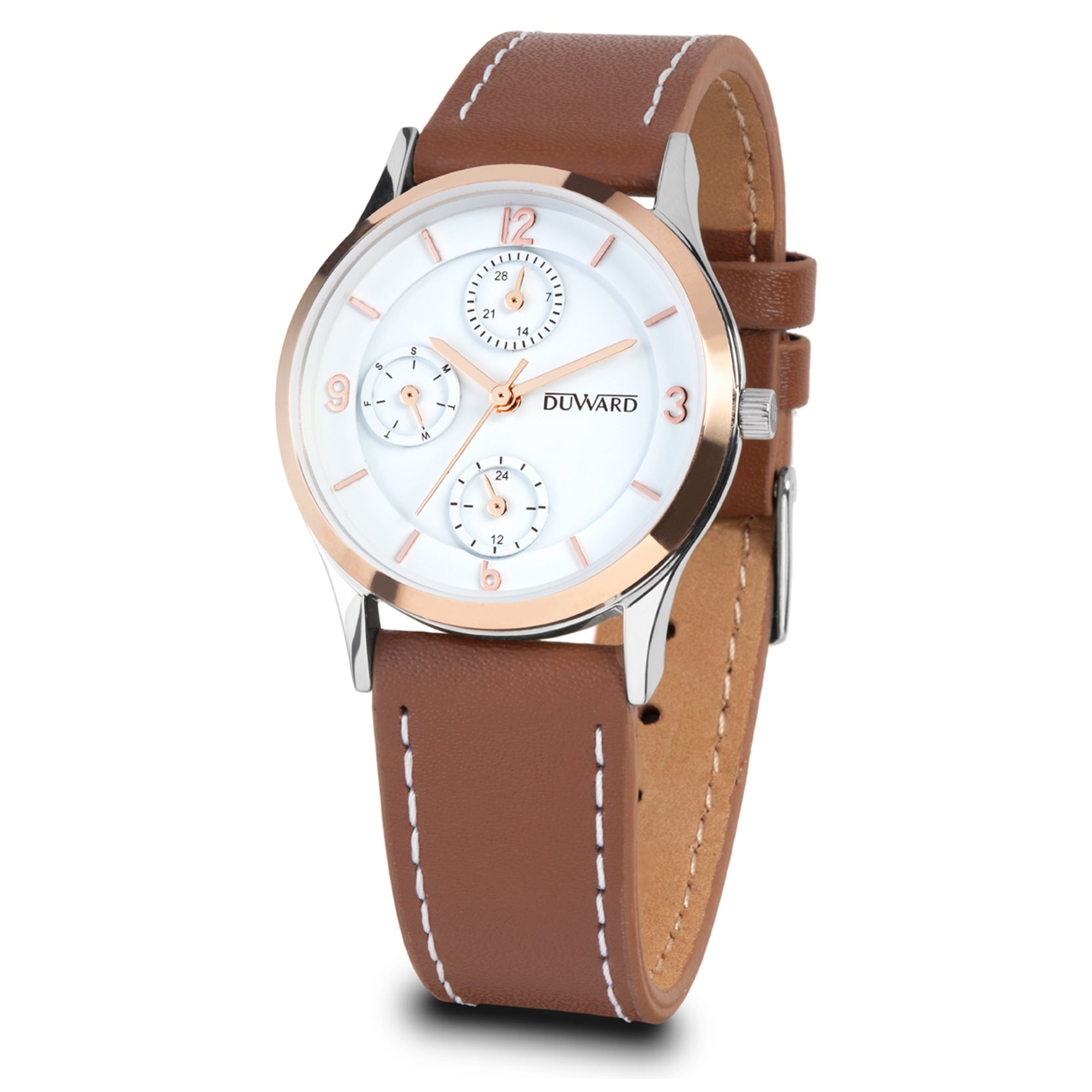 Reloj de mujer multifunción caja de acero e bisel en ip rosado, 5 atm, correa piel marron