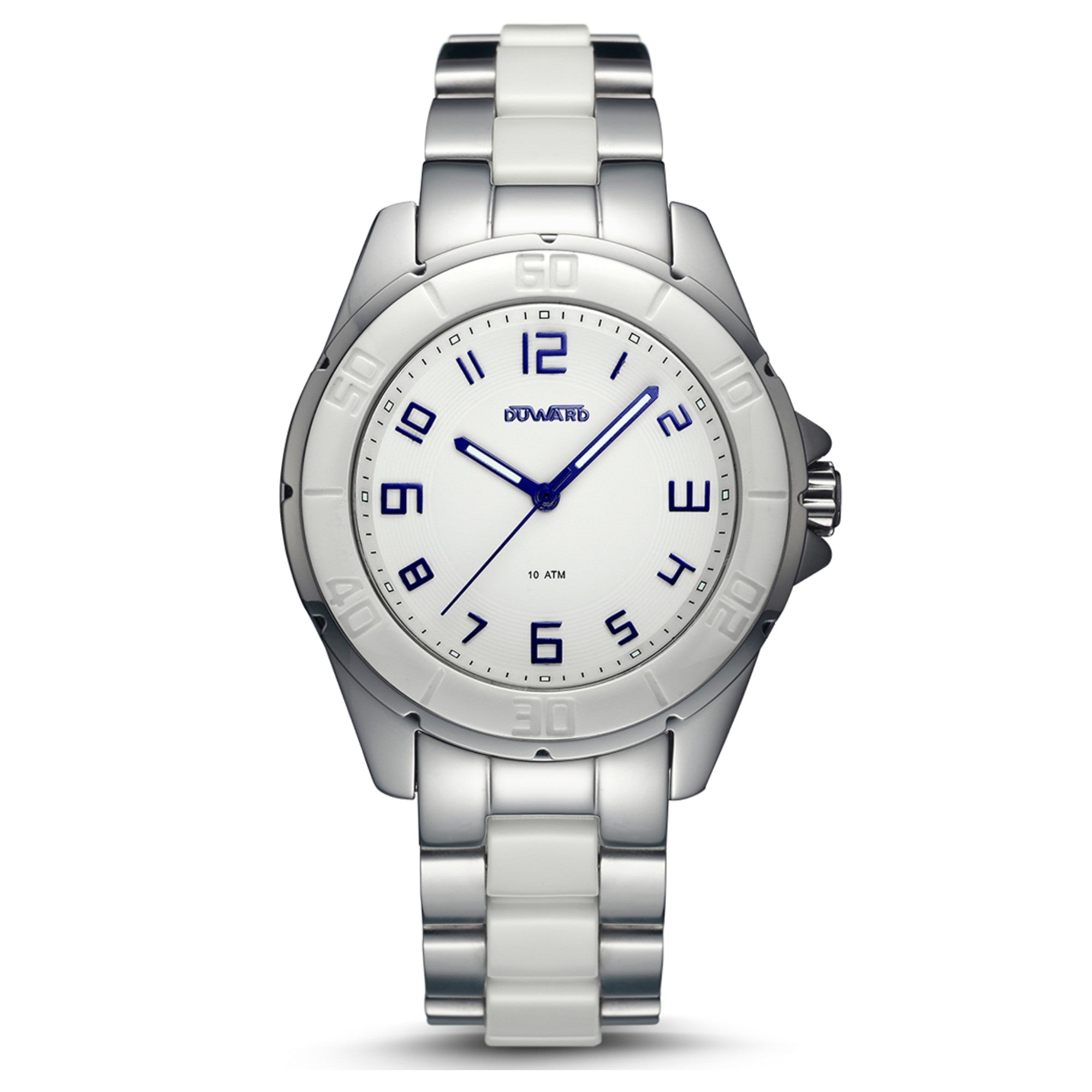 Reloj Señora Brazalete de Acero y ceramica.3 agujas esfera blanca y azul