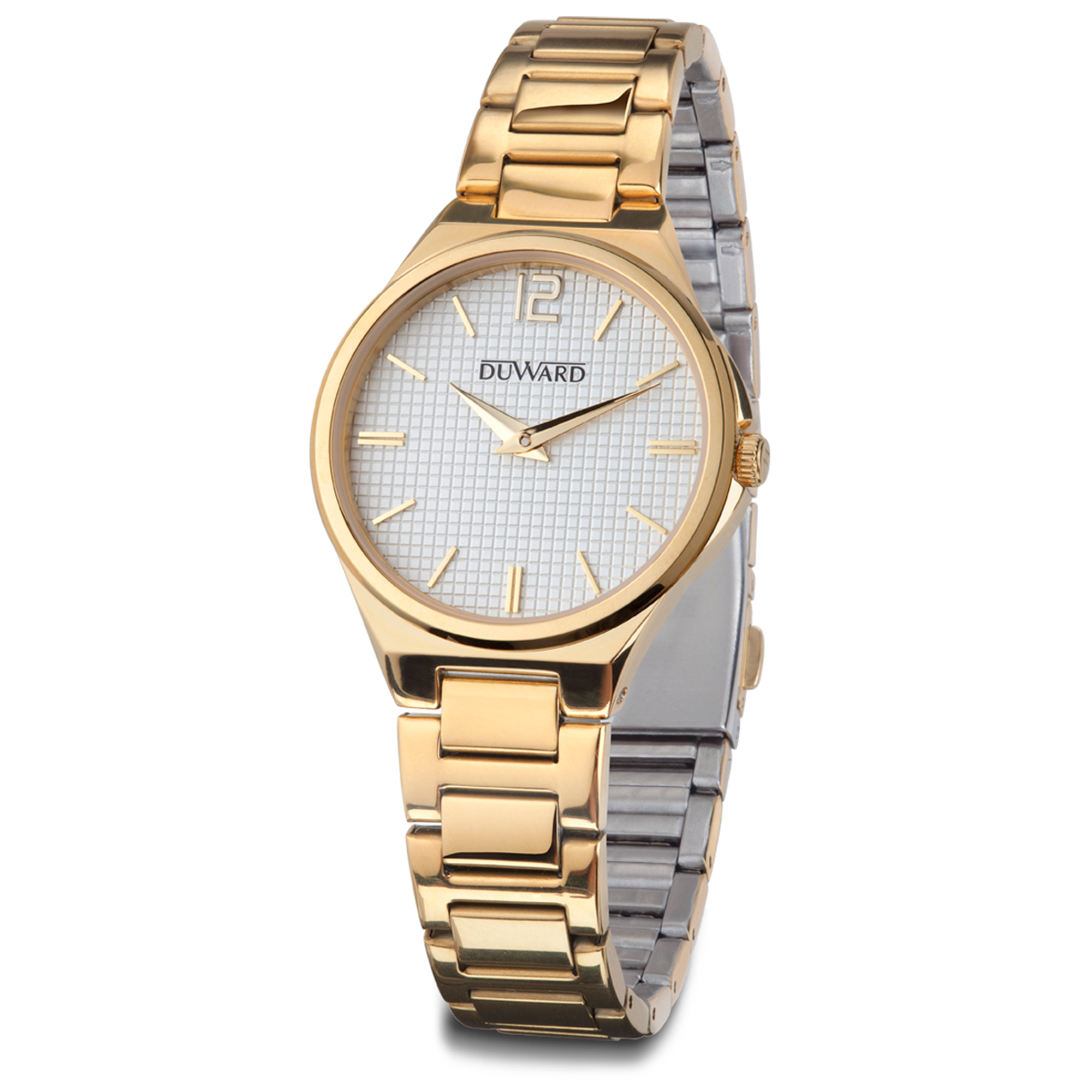 Reloj caja y brazalete de acero ip dorado con movimiento cuarzo 5 atm