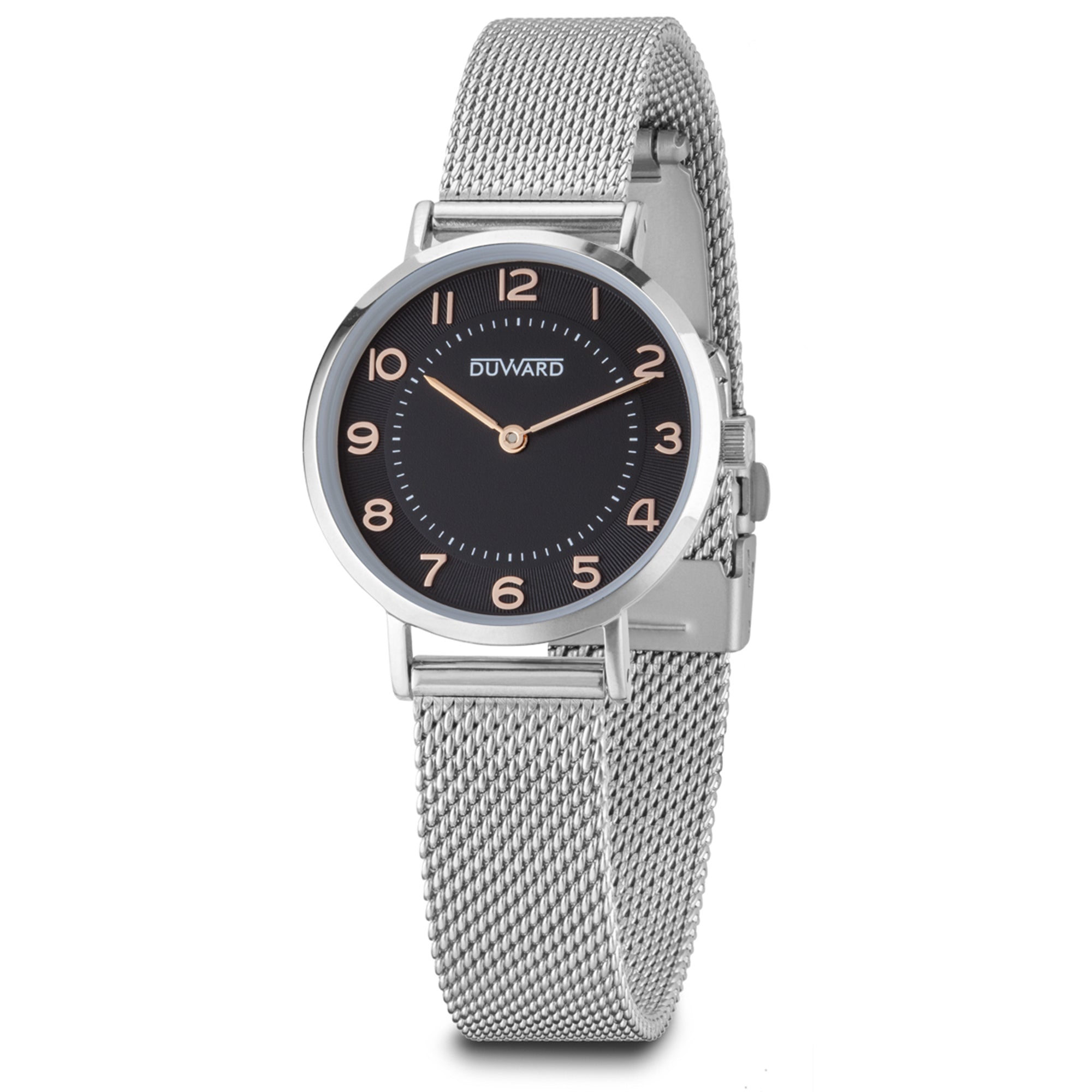 Reloj de mujer con caja extraplana de acero esfera con numeros arabes y malla milanesa acero