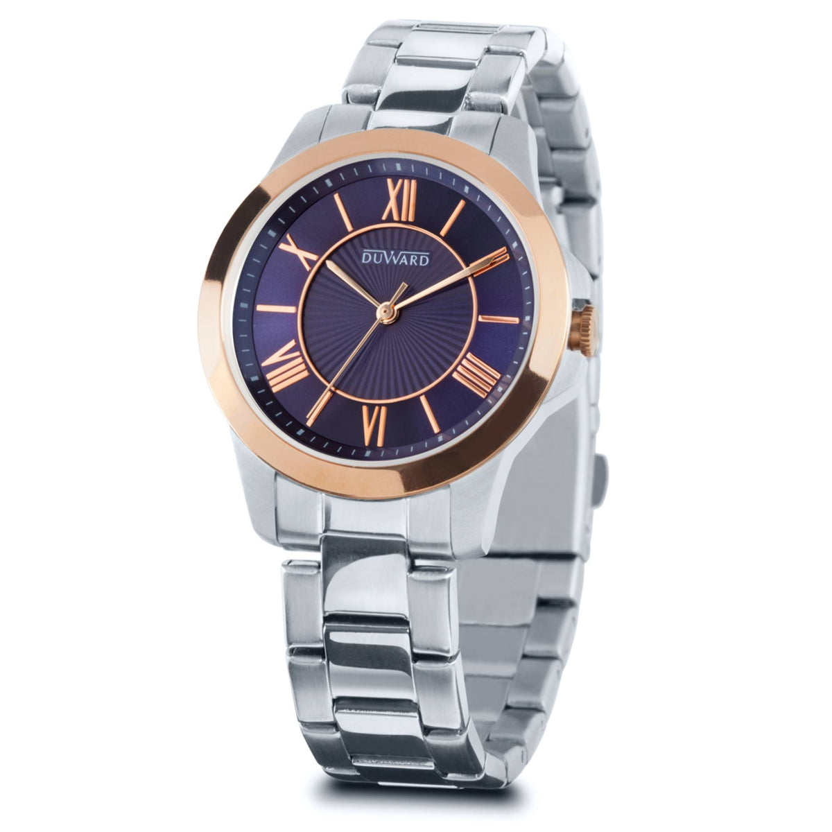 Reloj Mujer Informal caja acero IP rosada esfera azul 5 Atm brazalete