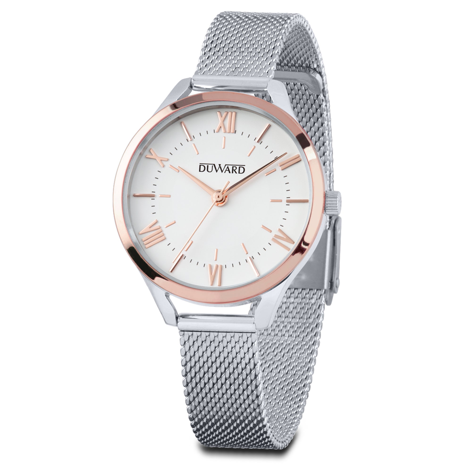 Reloj mujer caja de acero, bisel rosado, brazalete esterilla