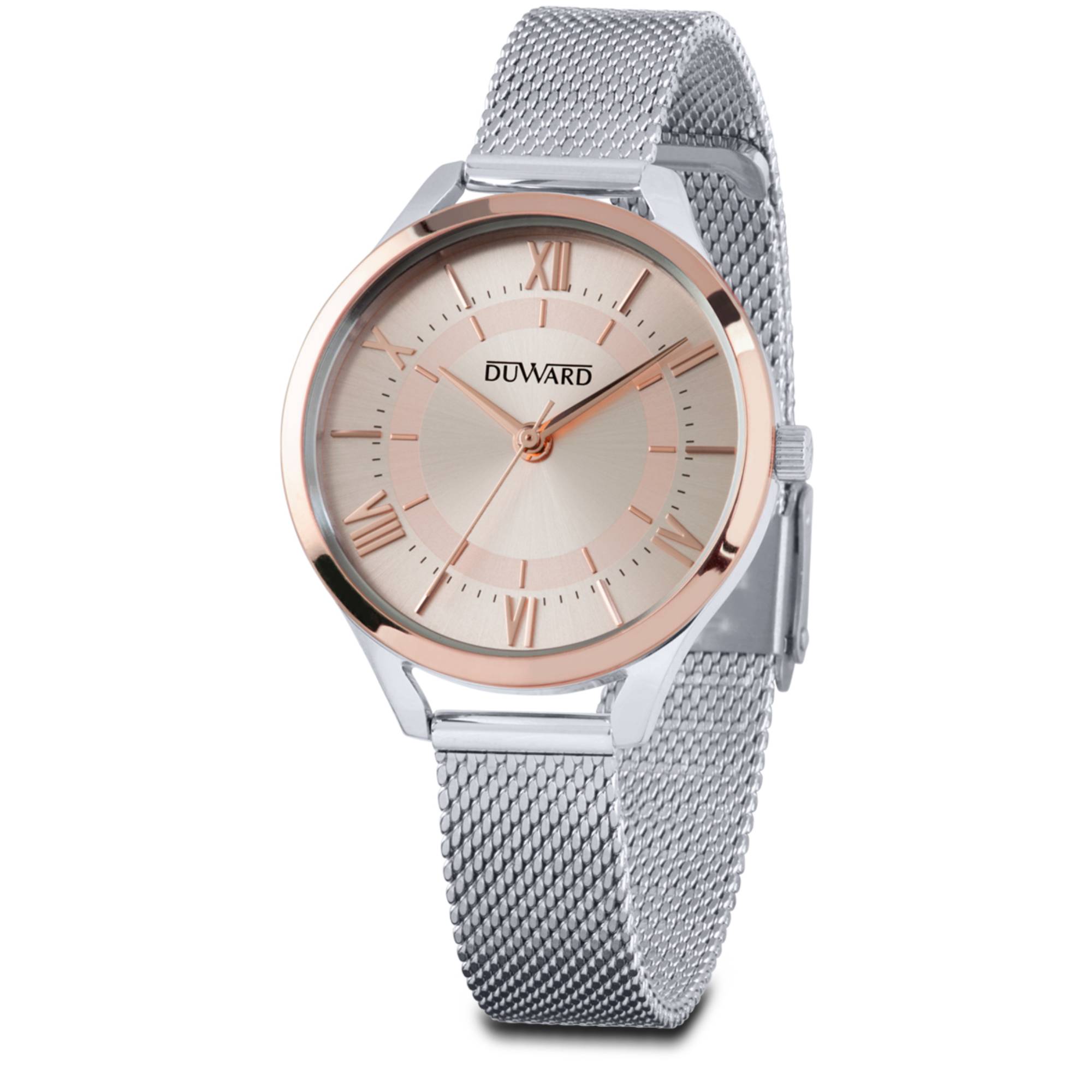 Reloj mujer caja de acero, bisel rosado, brazalete esterilla