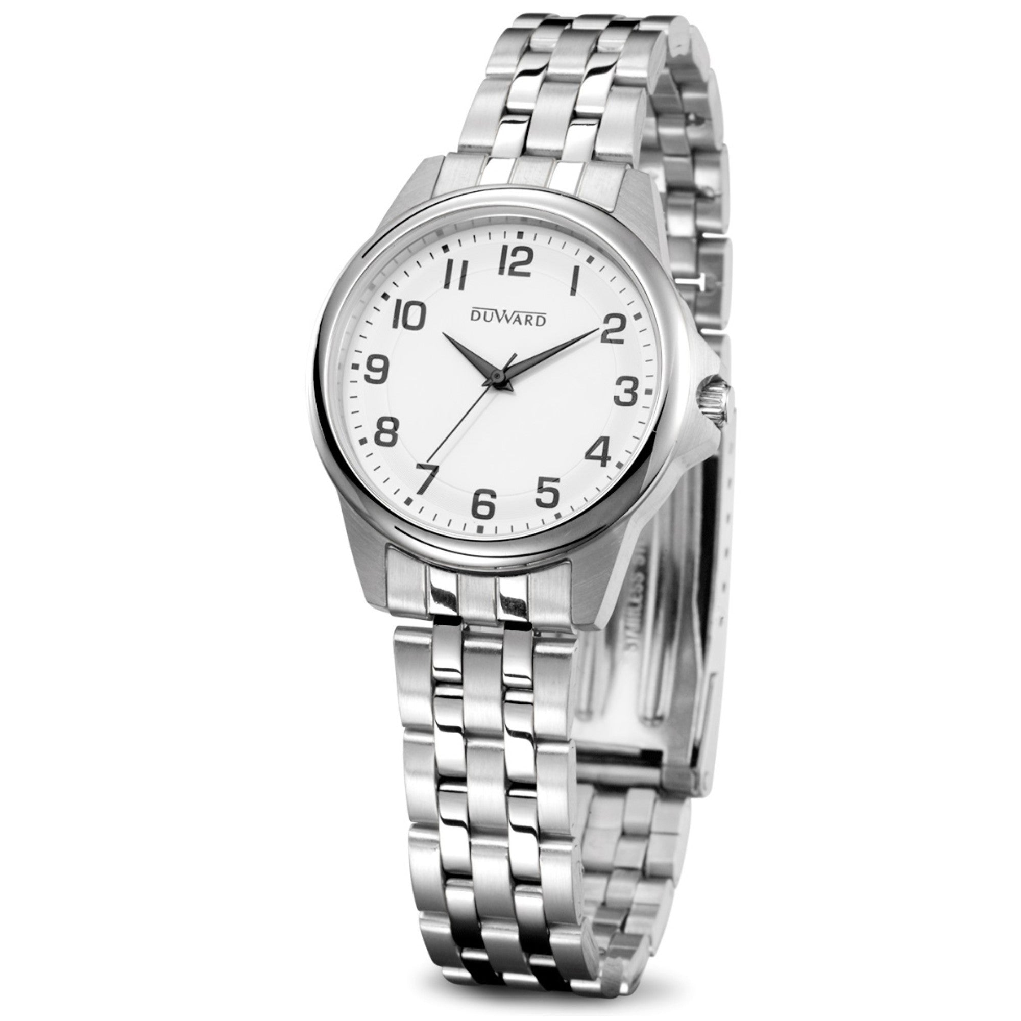 Reloj acero mujer 5 atm con esfera blanca números árabes negros