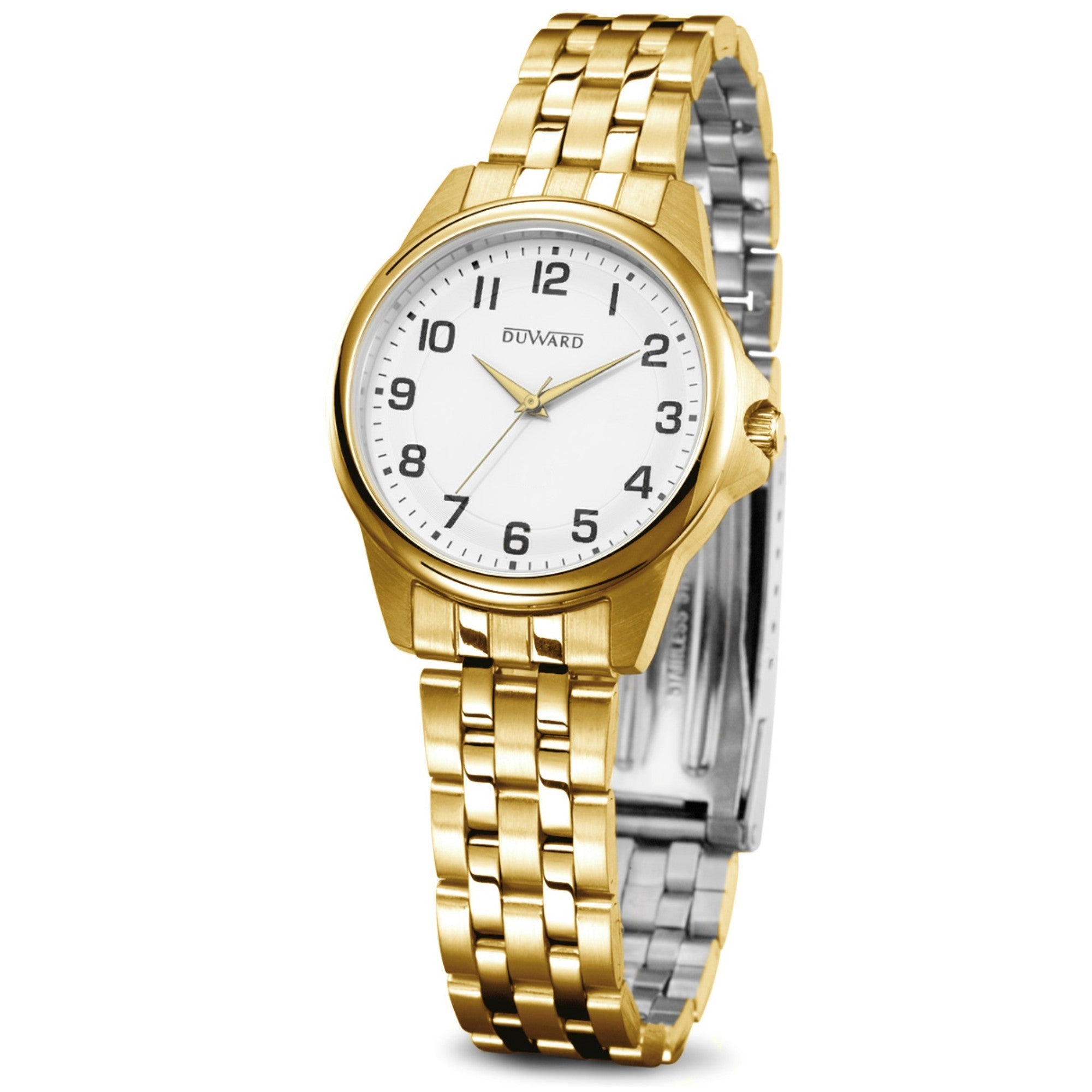 Reloj acero Ip dorado para mujer 5 atm con esfera blanca números árabes negros