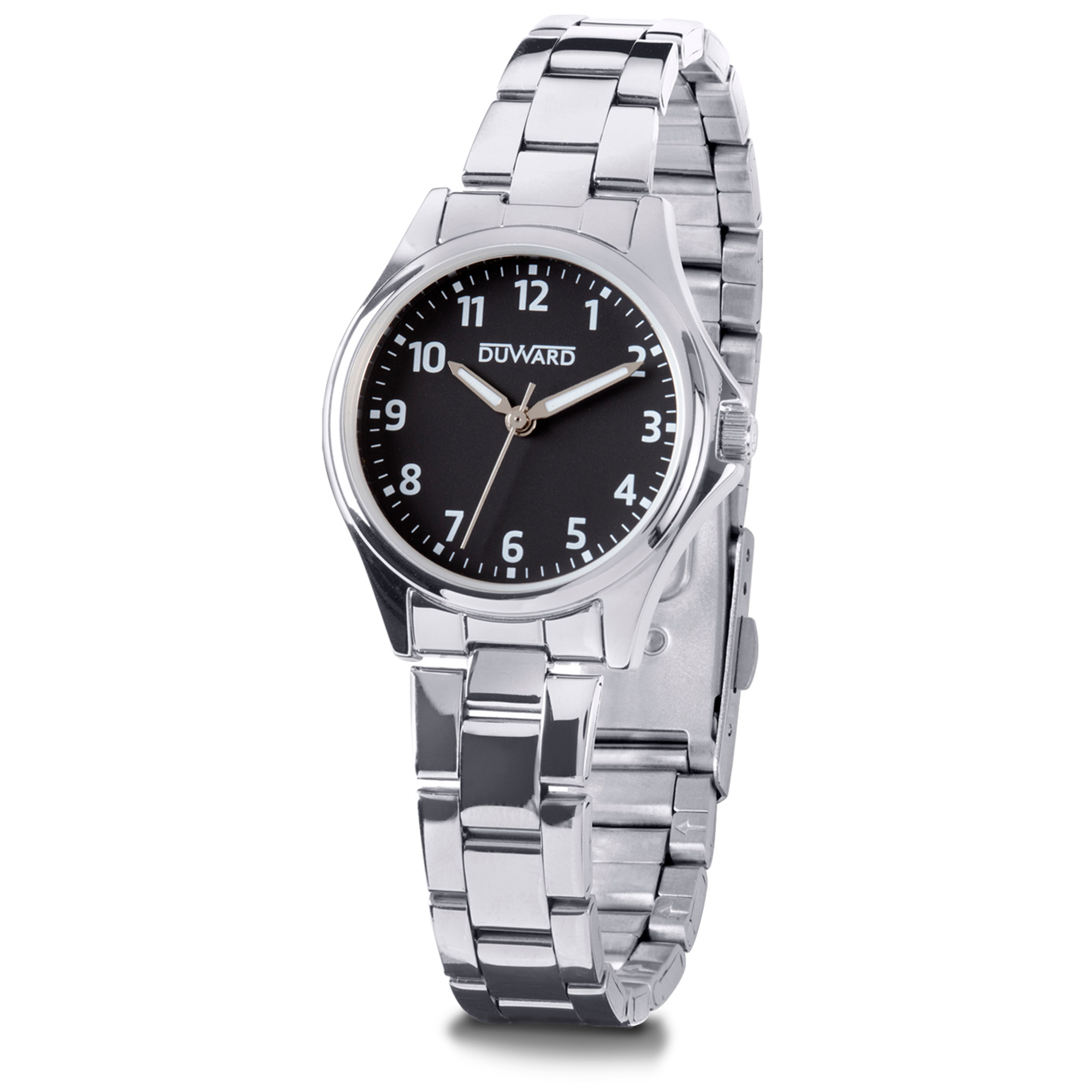 Reloj de acero elegante 5 atm con esfera negra números árabes blancos y cristal acabado zafiro