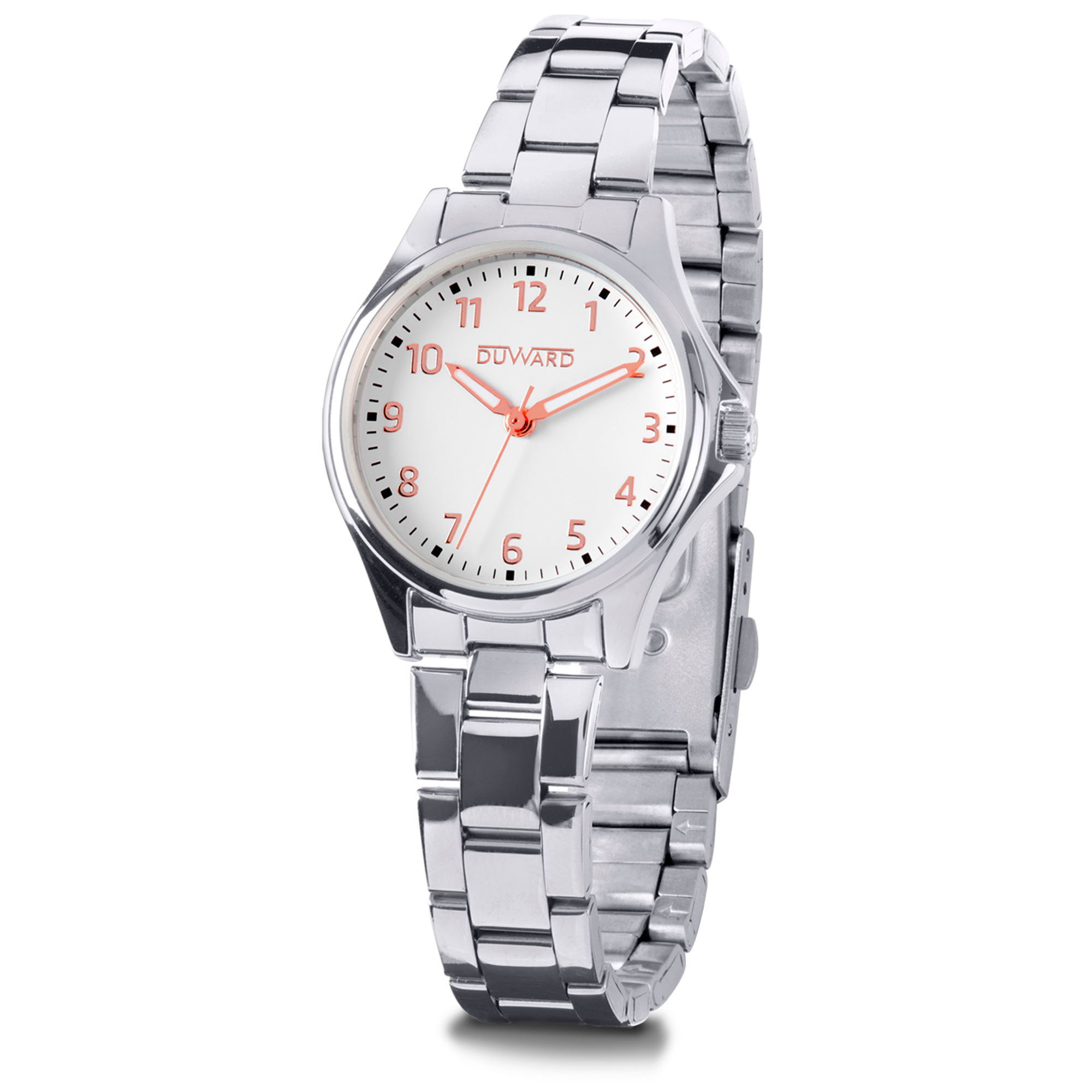 Reloj de acero elegante 5 atm con esfera blanca números árabes rosados y cristal acabado zafiro