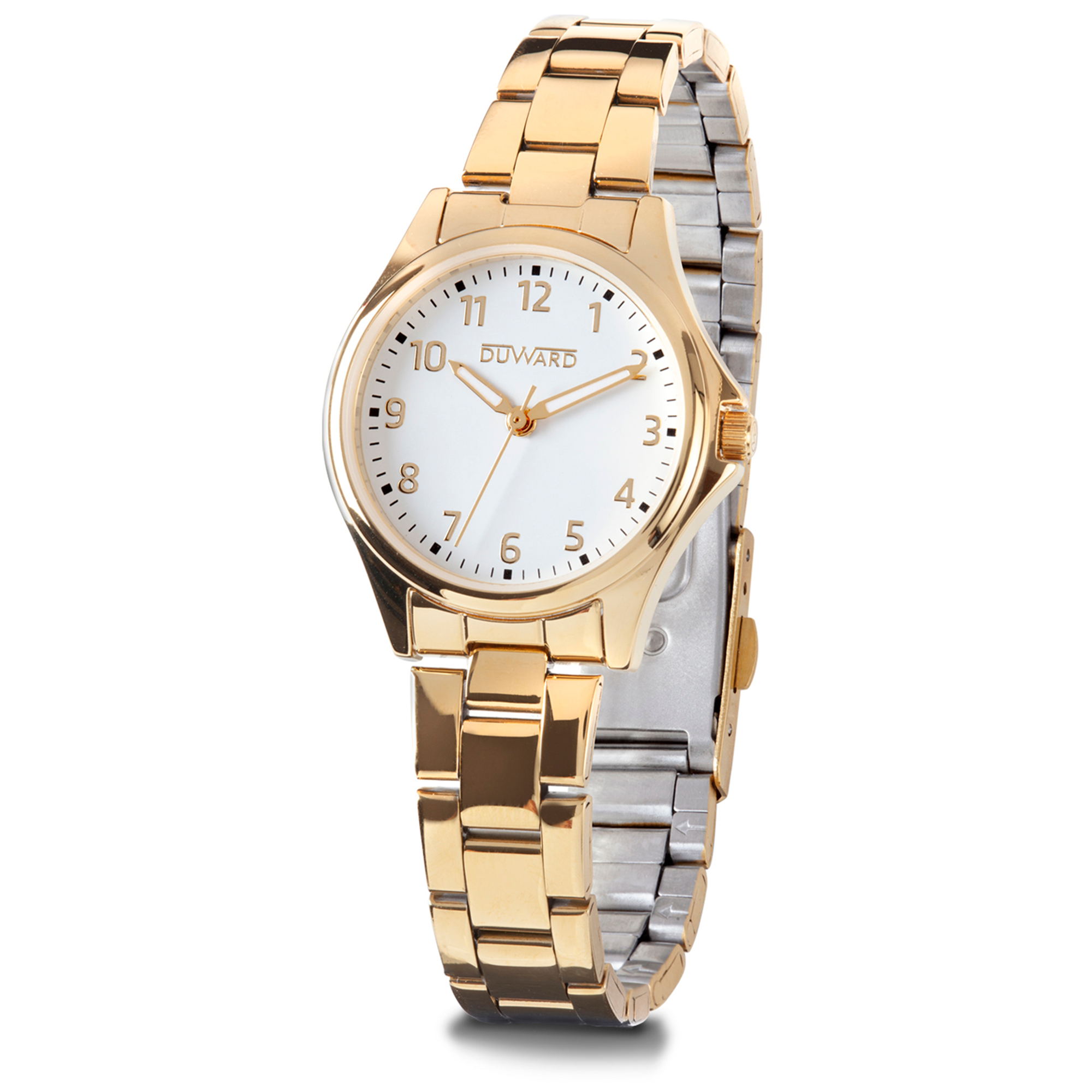 Reloj de acero Ip dorado elegante 5 atm con esfera blanca números árabes dorados y cristal acabado zafiro