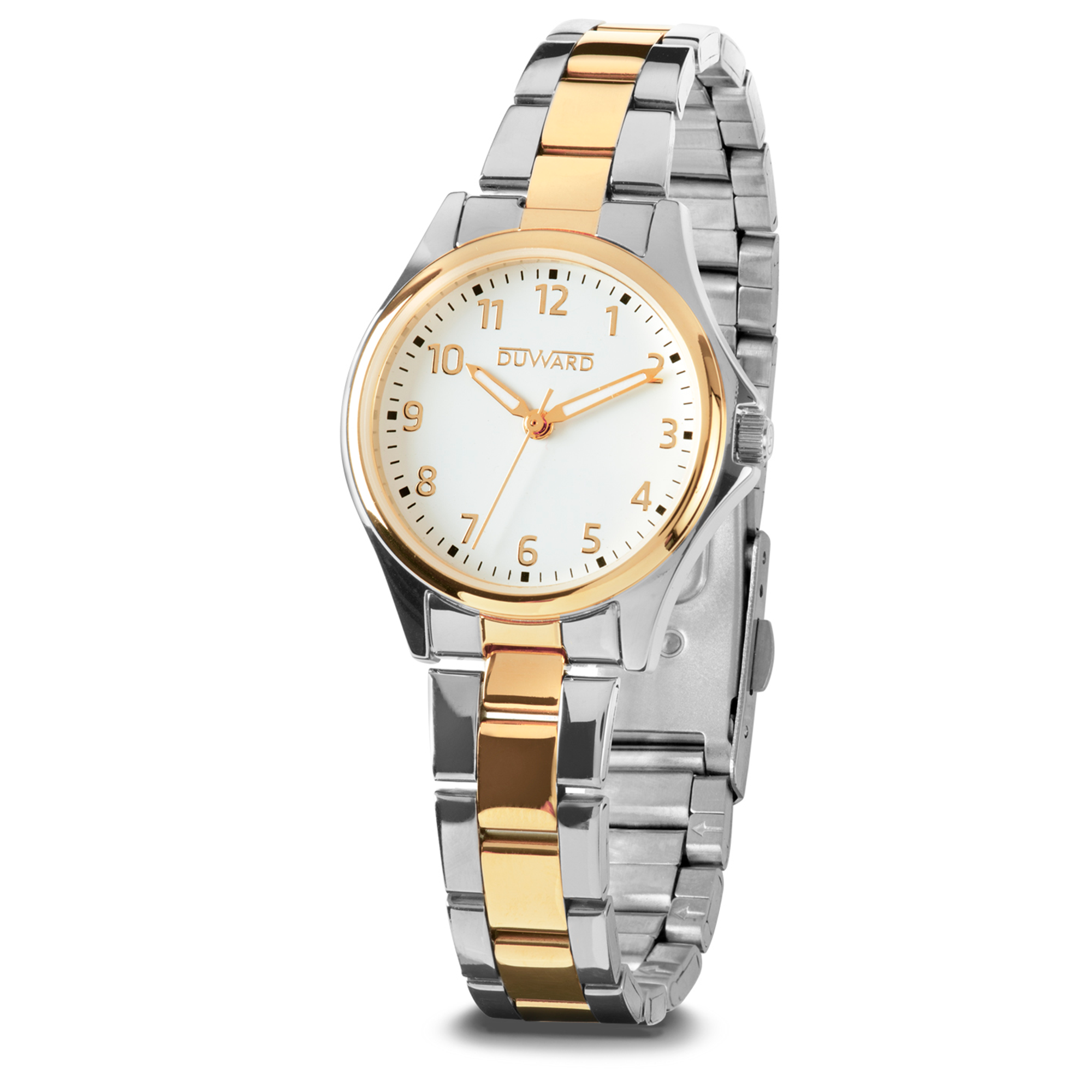 Reloj de acero bicolor Ip dorado elegante 5 atm con esfera blanca números árabes dorados y cristal acabado zafiro