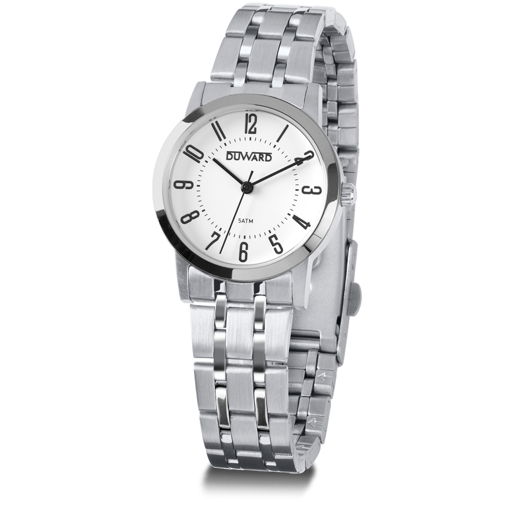Reloj de mujer de acero 5 atm con esfera blanca numeros arabes negros