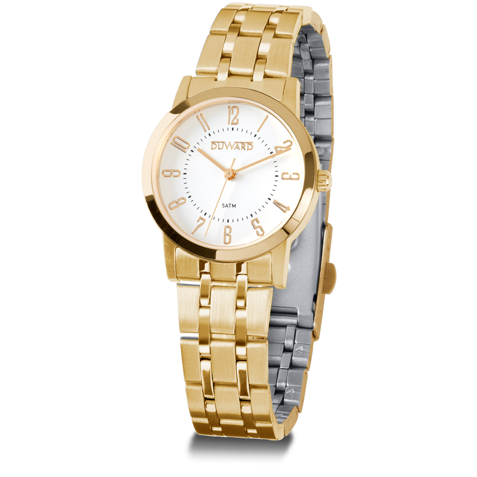 Reloj de mujer de acero Ip dorado 5 atm con esfera blanca numeros arabes dorados