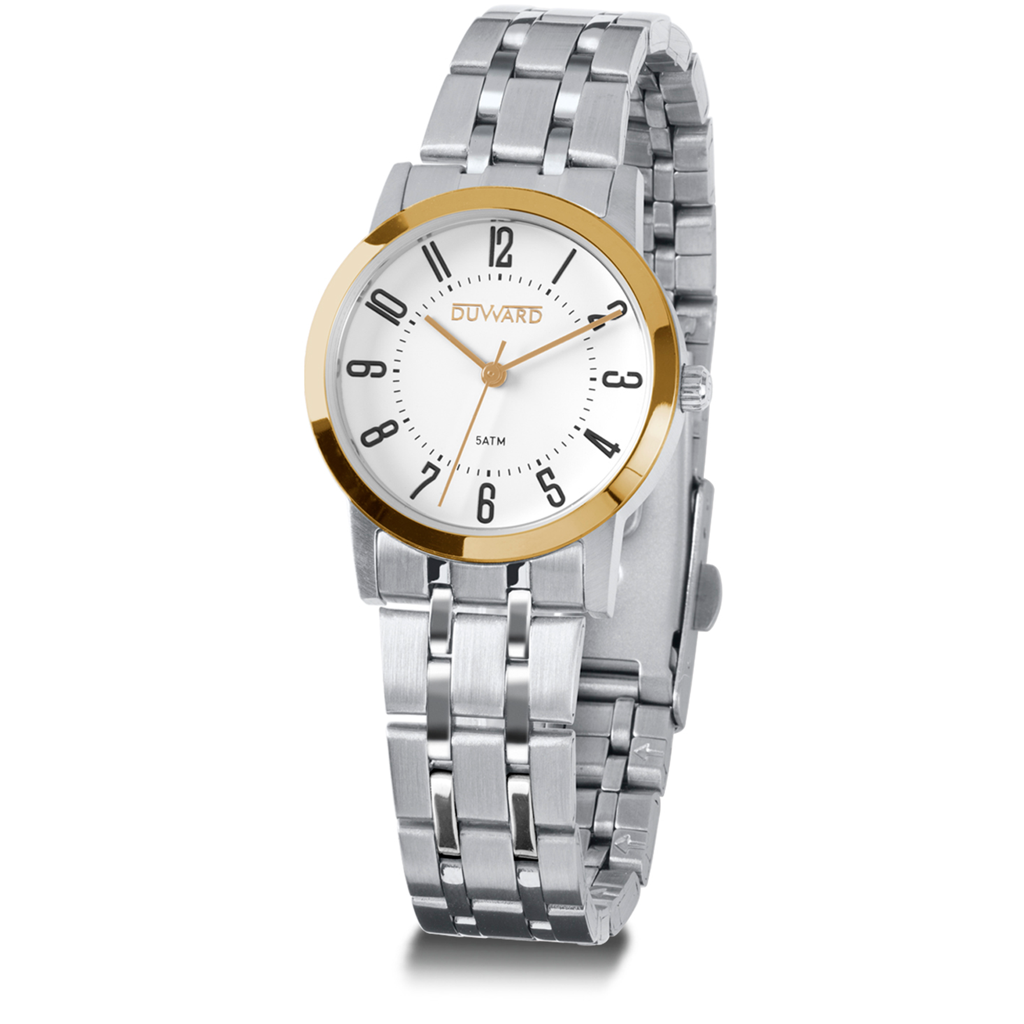 Reloj de mujer de acero con bisel Ip dorado 5 atm esfera blanca numeros arabes negros