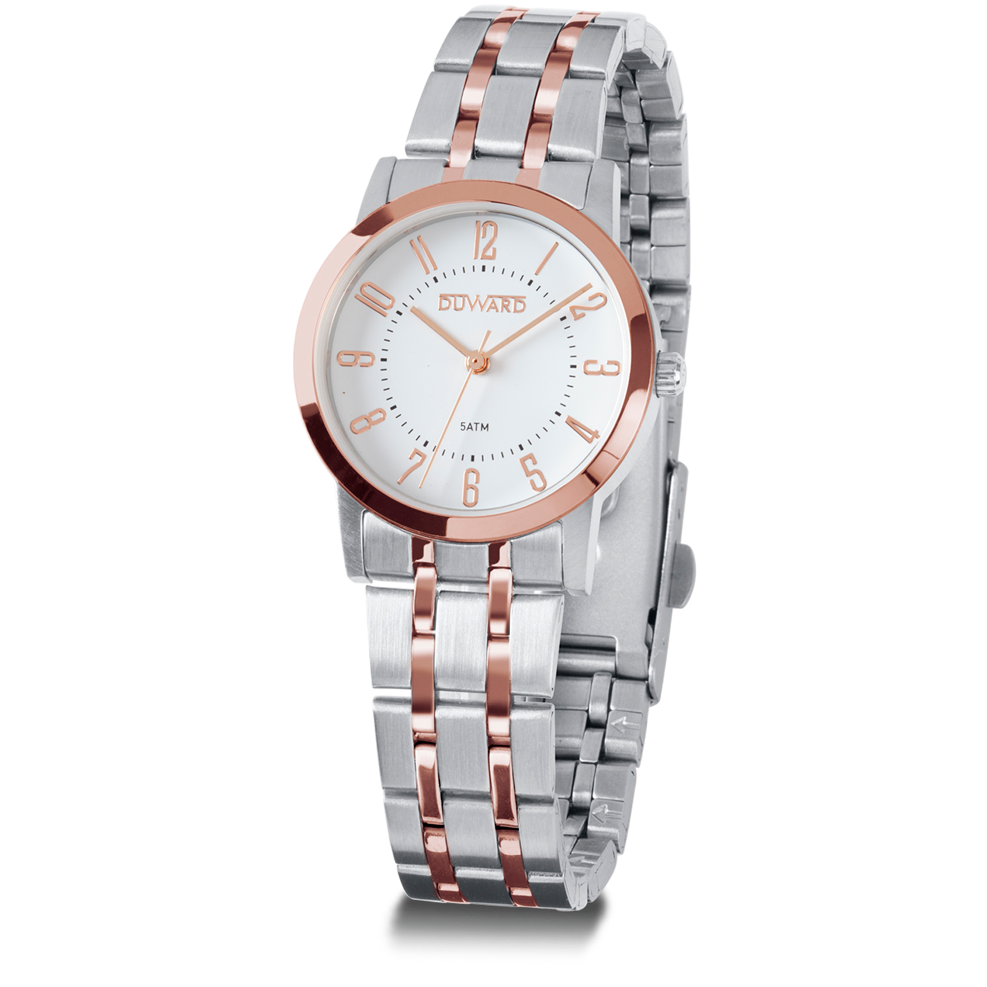 Reloj de mujer bicolor Ip rosado 5 atm esfera blanca numeros arabes rosados