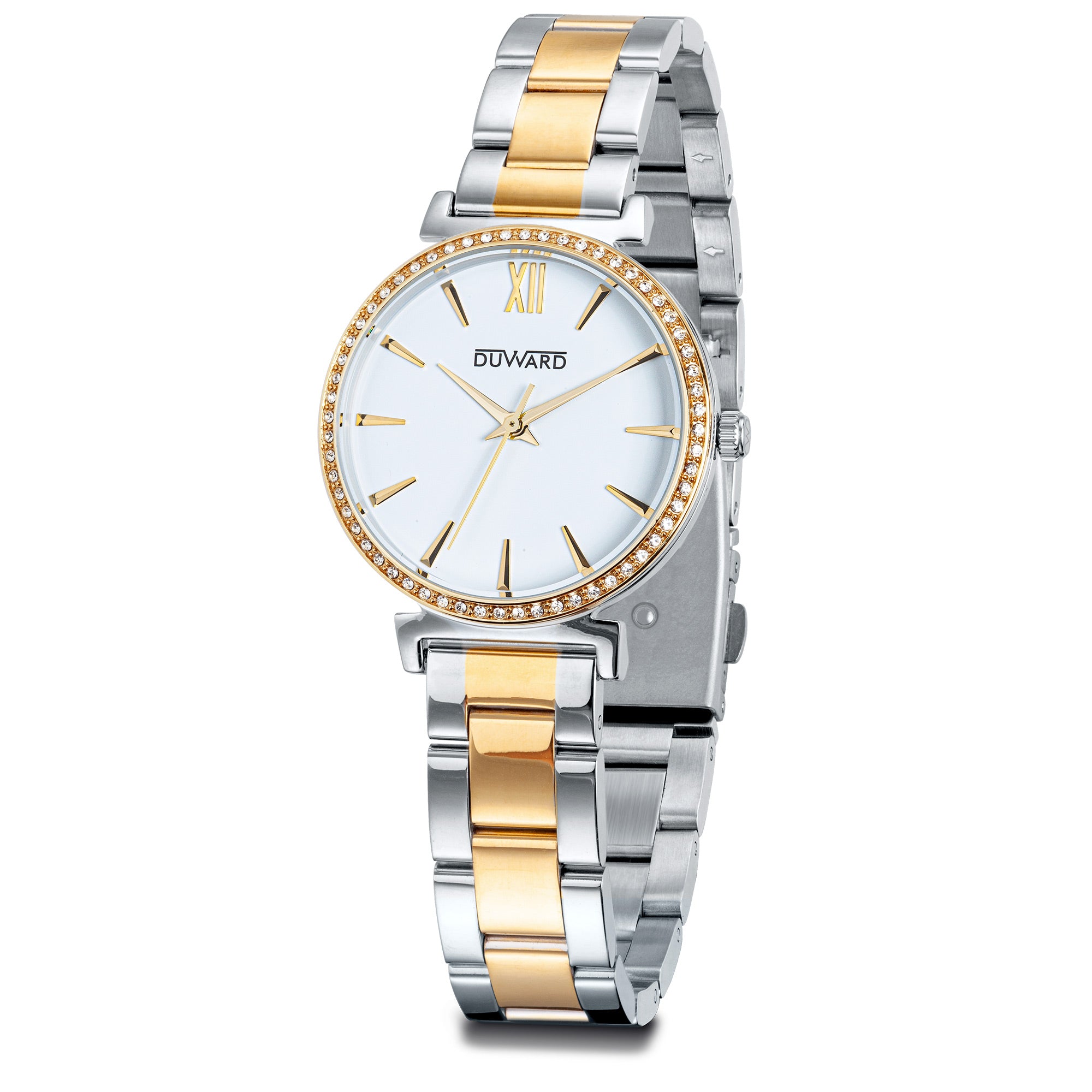 Reloj mujer clásico 3 atm esfera blanca IPDorado bicolor con circonitas