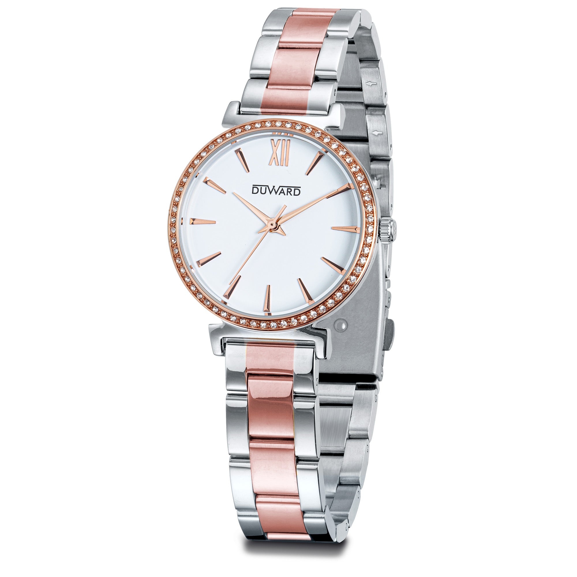 Reloj mujer clásico 3 atm esfera blanca IPRosado bicolor con circonitas