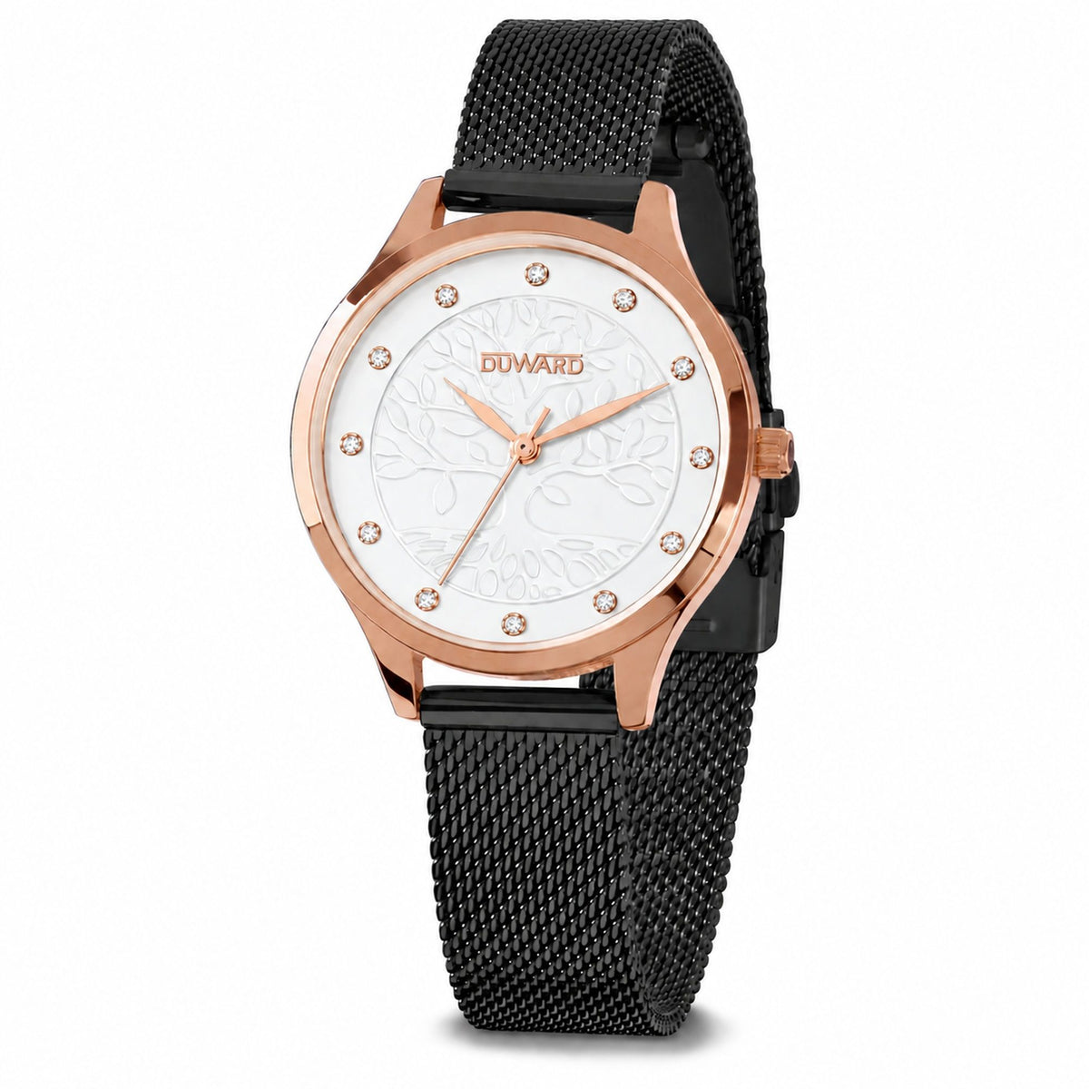 Reloj Mujer Informal caja acero IP rosada malla gris esfera blanca