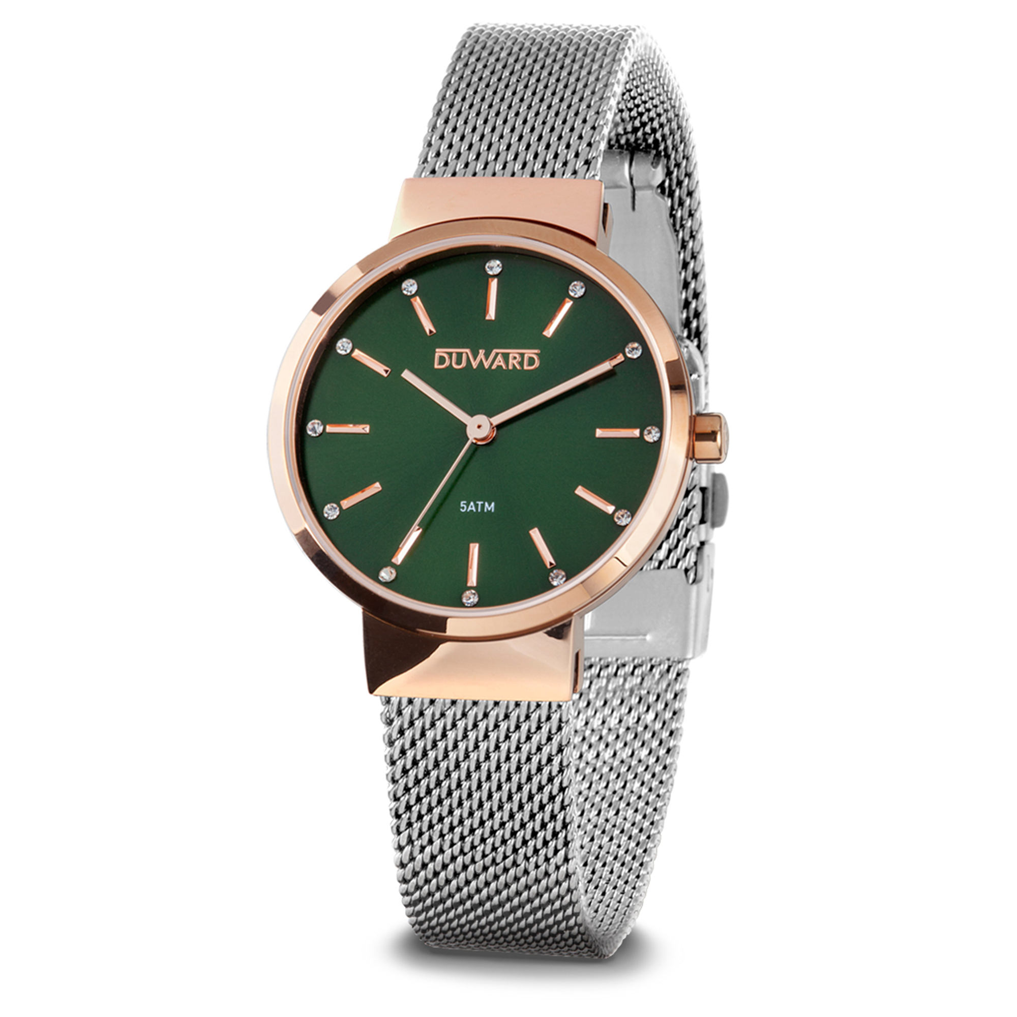Reloj con caja de acero Ip rosa esfera verde y malla milanesa de acero