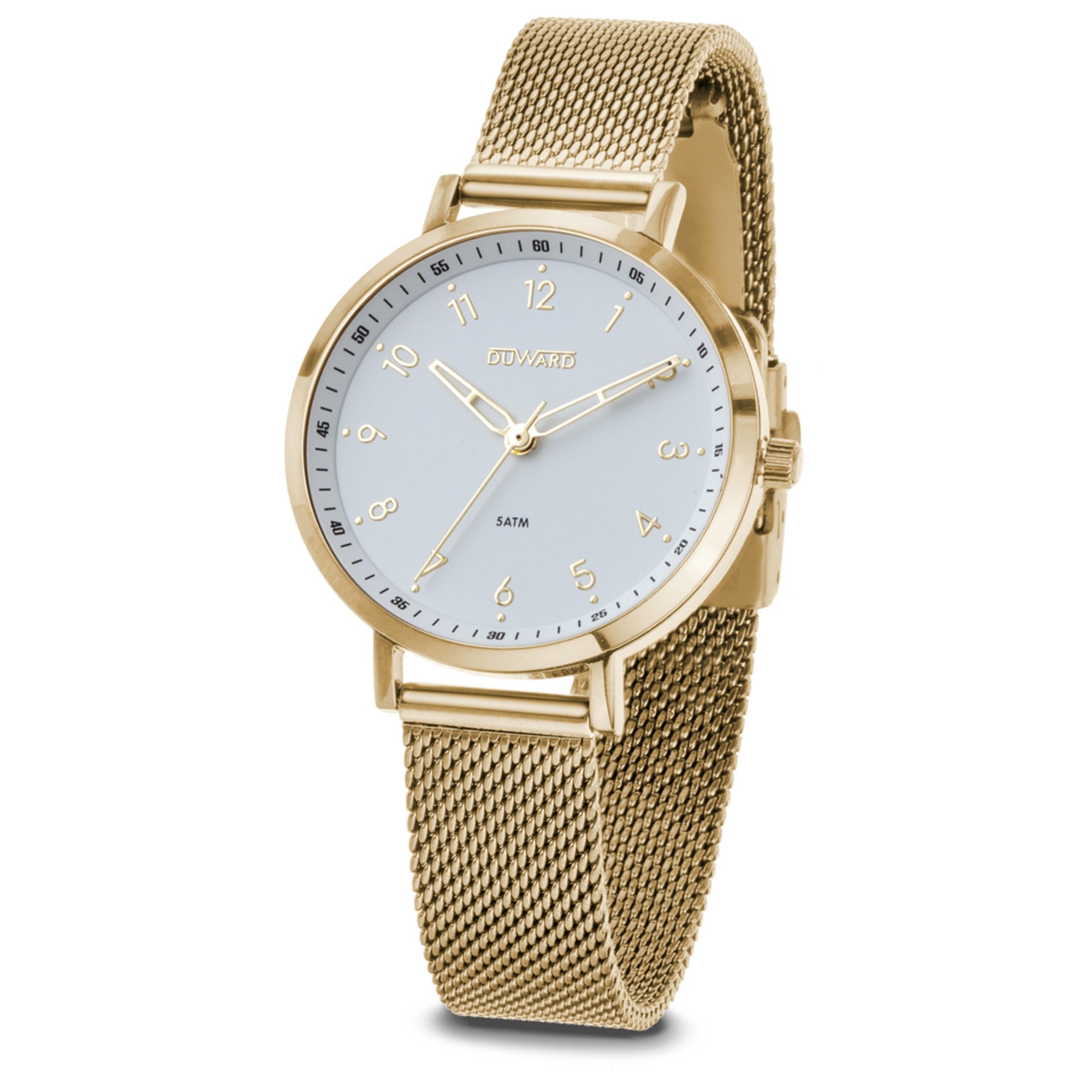 Reloj Mujer dorado caja acero esfera blanca 5 Atm brazalete acero