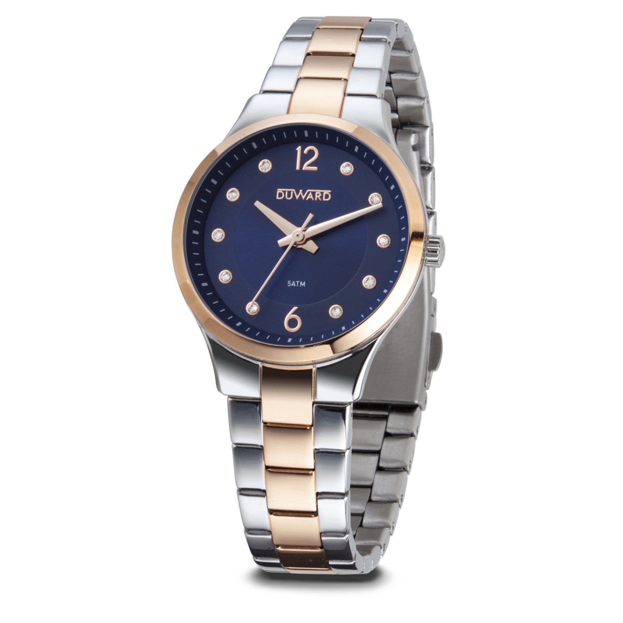 Reloj Mujer Informal caja acero IP rosada esfera azul 5 Atm bicolor
