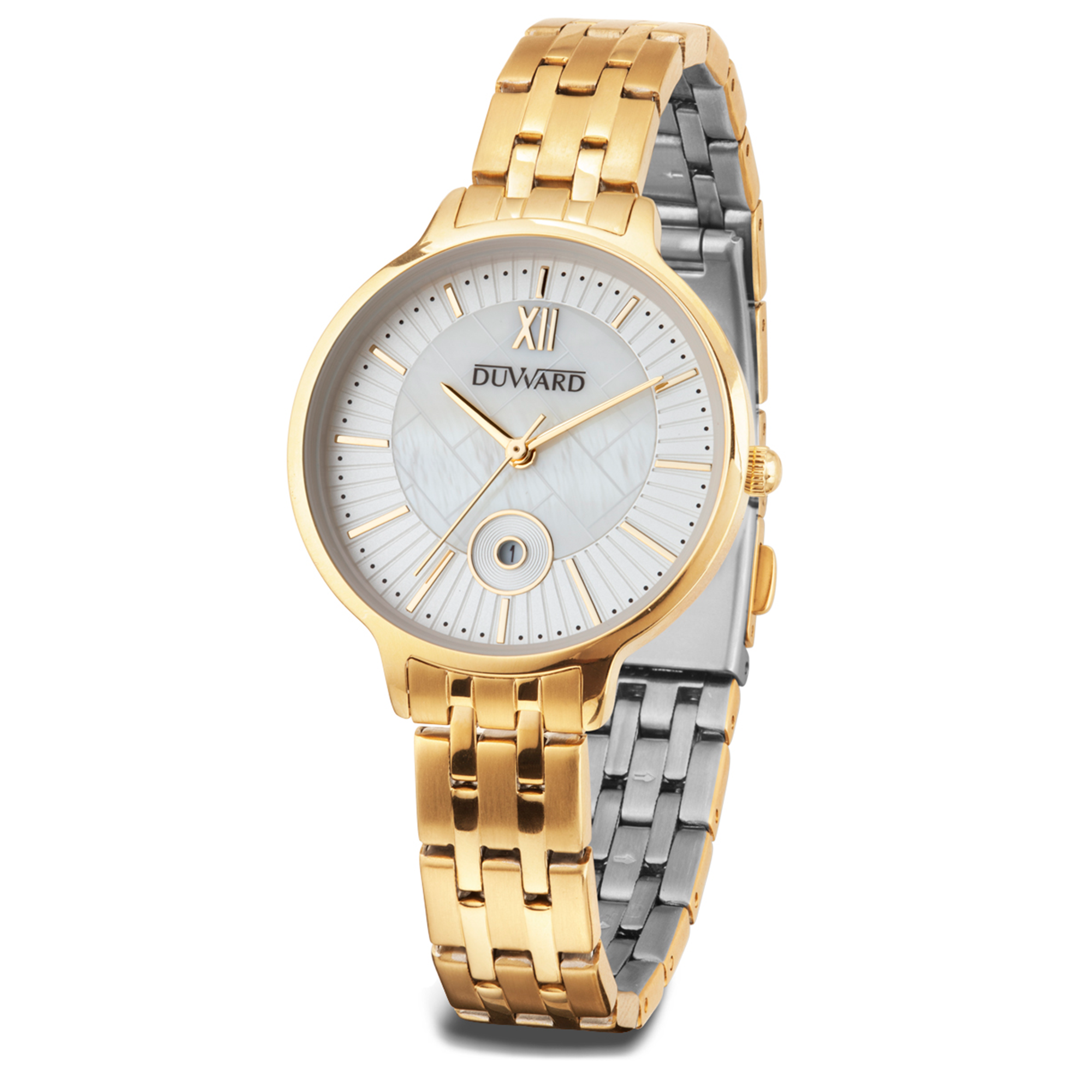 Señora. Brazalete. Acero.Calendario. Blanco Dorad