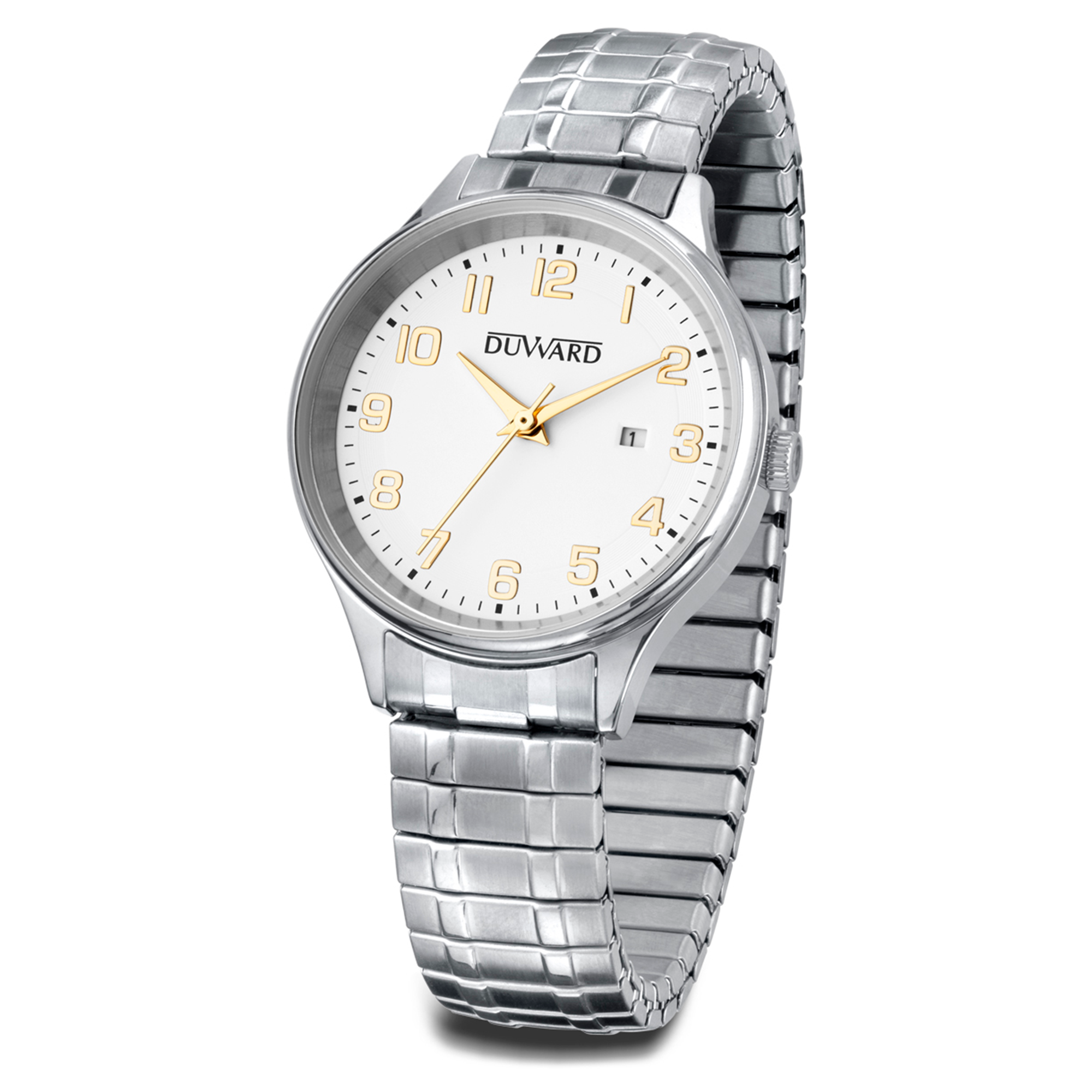 Reloj de mujer de acero 5 atm con brazalete extensible y numeros arabes plateados