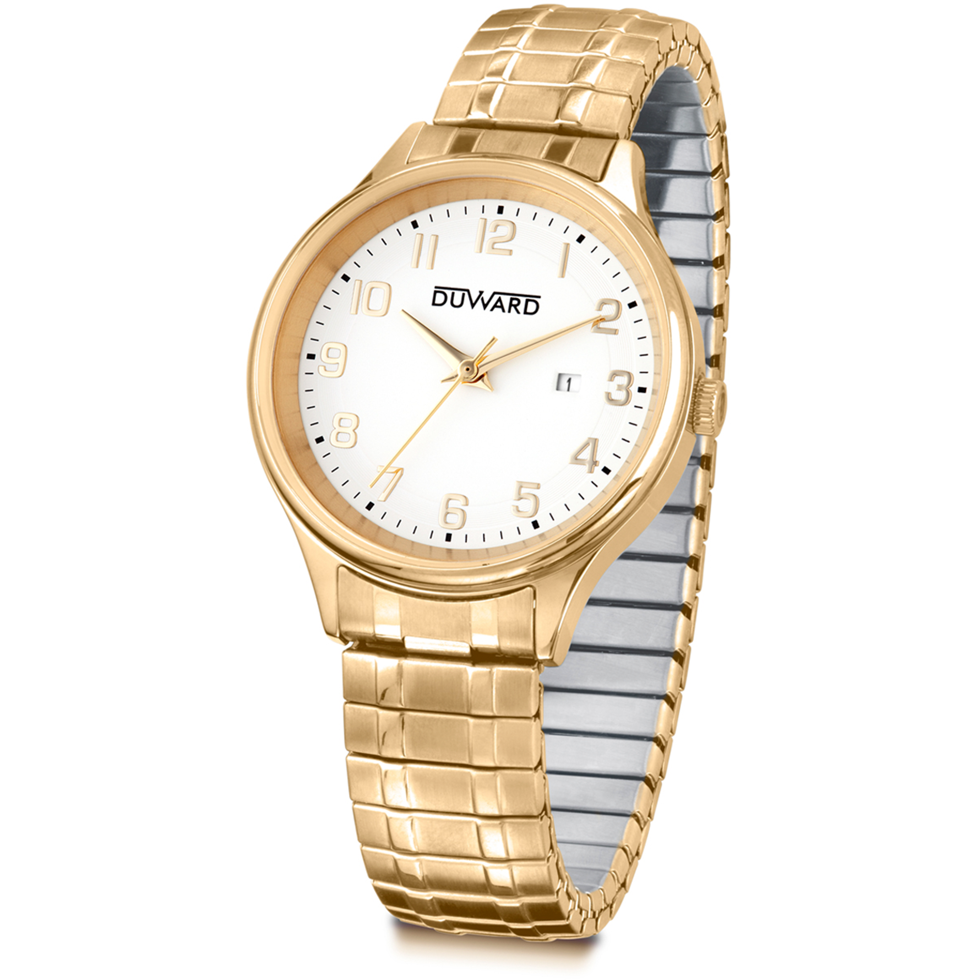 Reloj de mujer de acero Ip dorado 5 atm con brazalete extensible Ip dorado y numeros arabes dorados