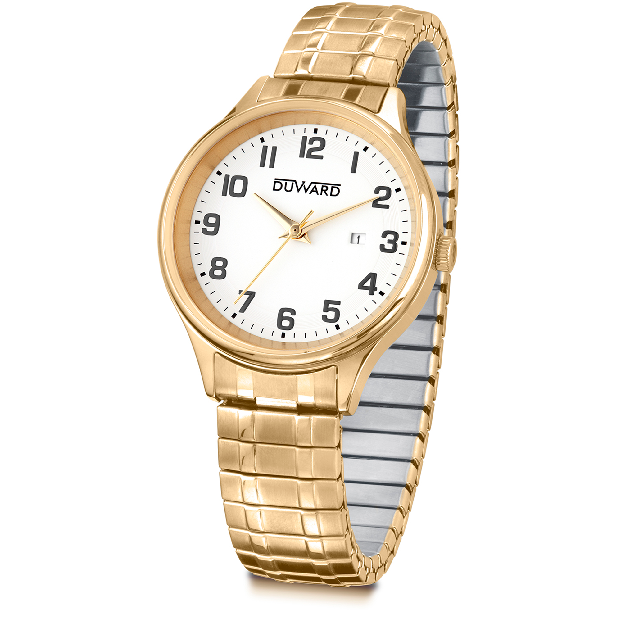 Reloj de mujer de acero Ip dorado 5 atm con brazalete extensible y numeros arabes negros