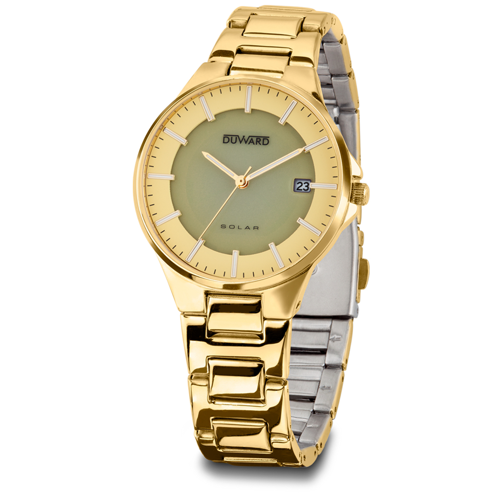 Reloj con movimiento solar 5 atm de acero ip dorado para mujer