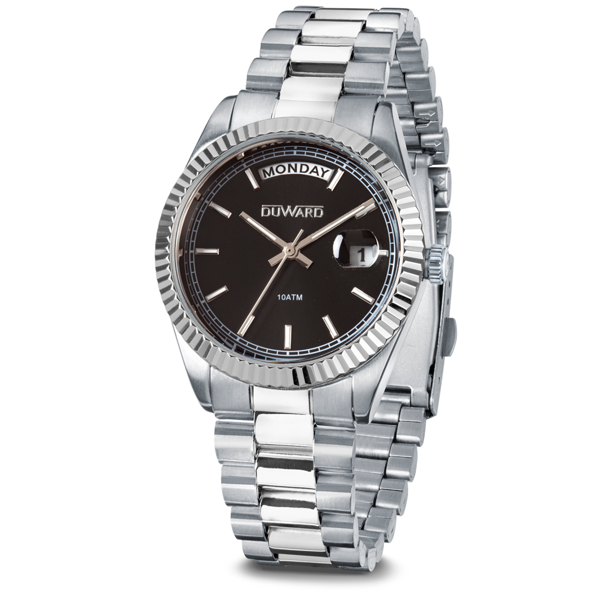 Reloj para mujer de acero con calendario y semanario esfera negra 10 atm