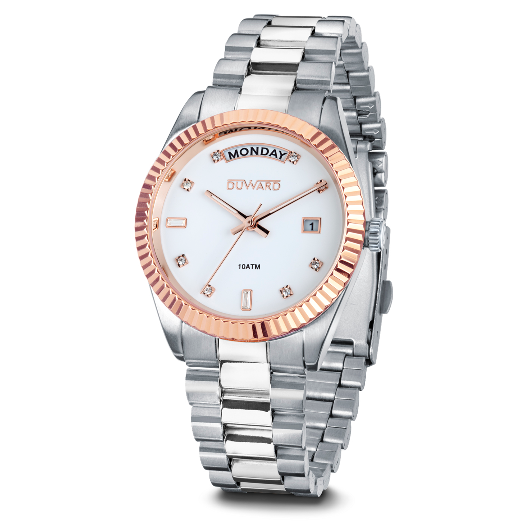 Reloj para mujer de acero con calendario y semanario bisel rosado 10 atm