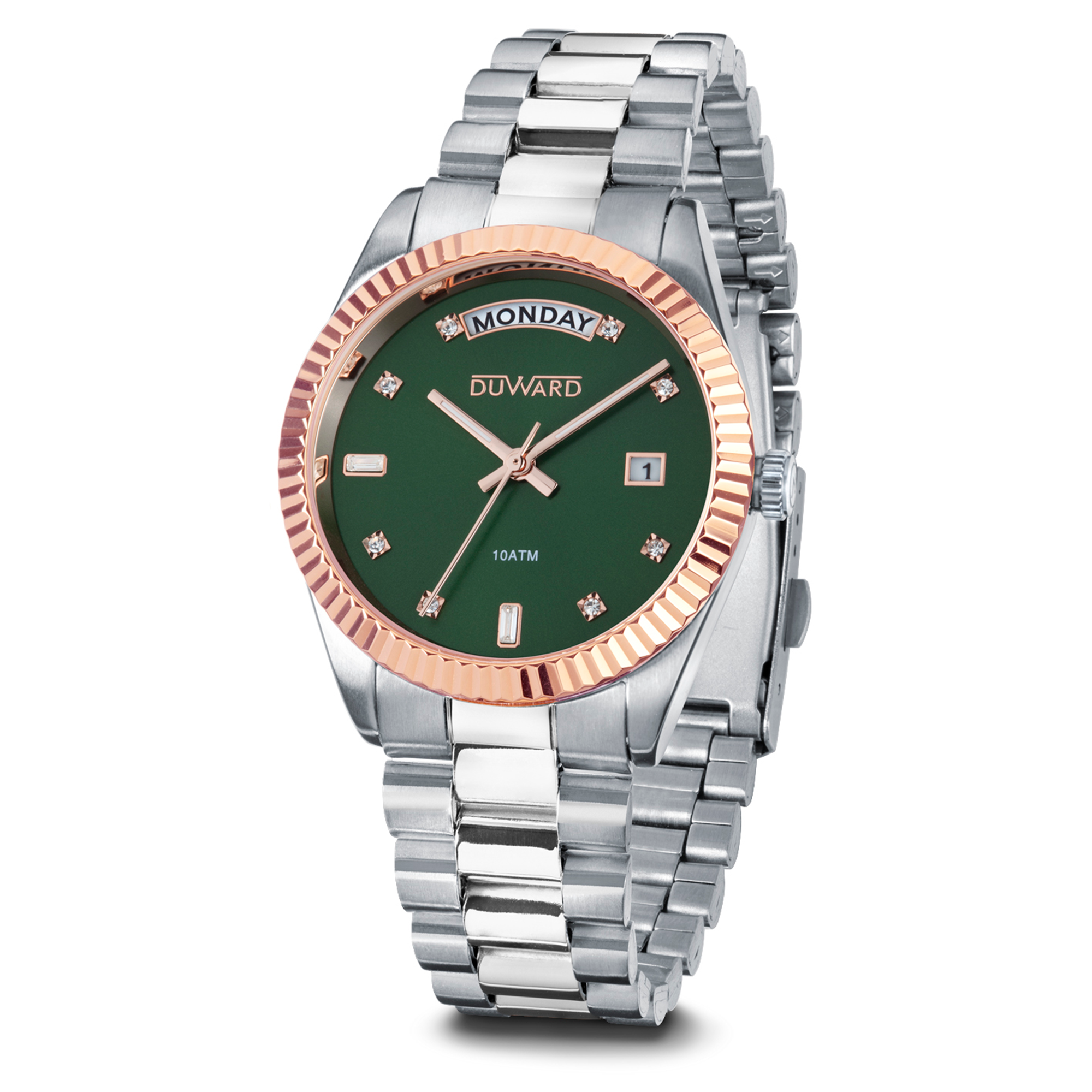 Reloj para mujer de acero con calendario y semanario bisel rosado esfera verde 10 atm