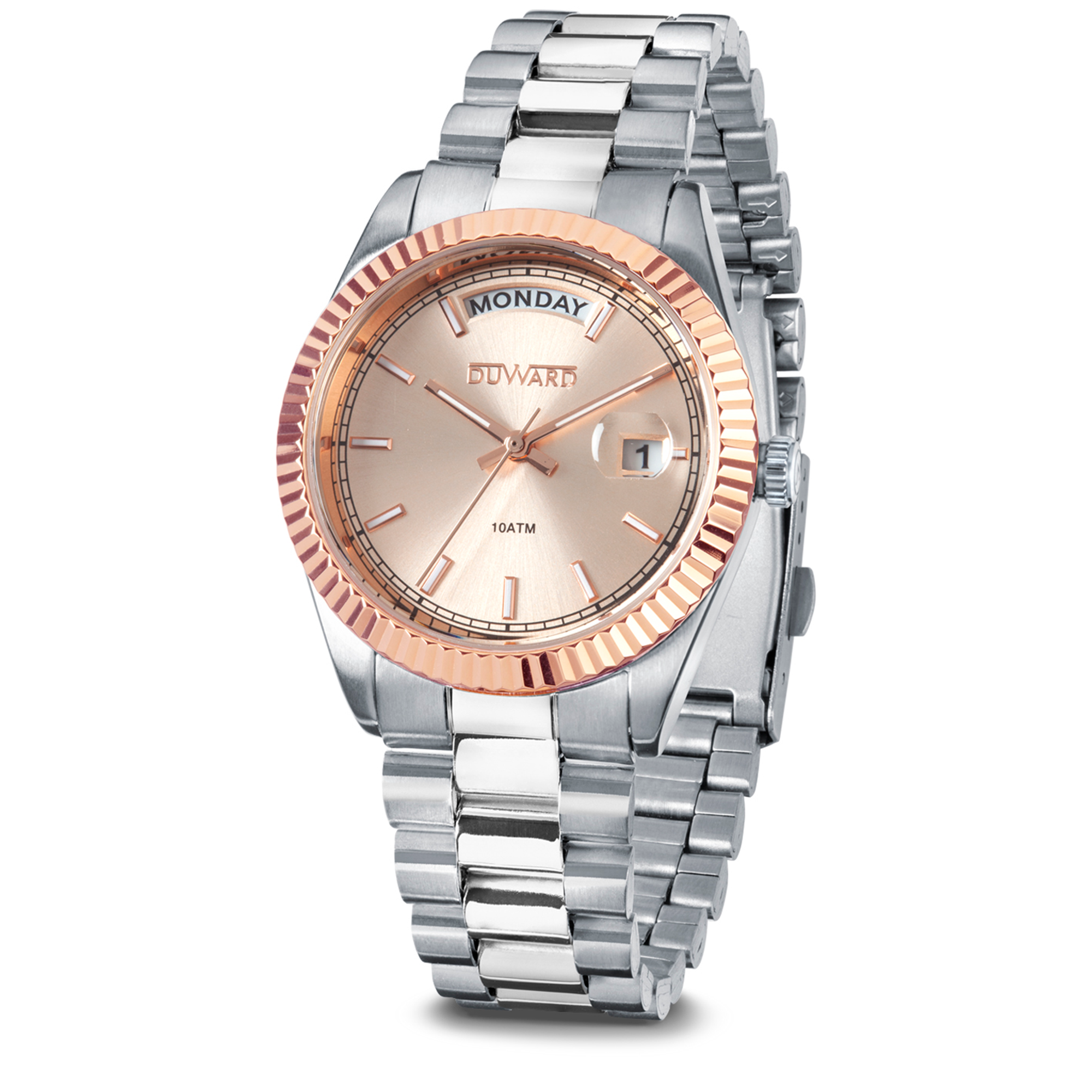 Reloj para mujer de acero con calendario y semanario bisel y esfera rosado 10 atm