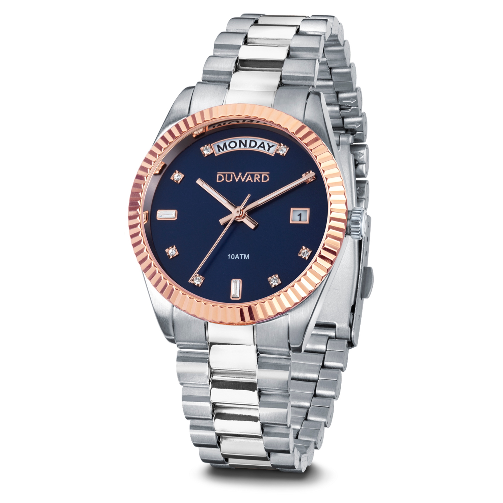 Reloj para mujer de acero con calendario y semanario bisel rosado esfera azul 10 atm