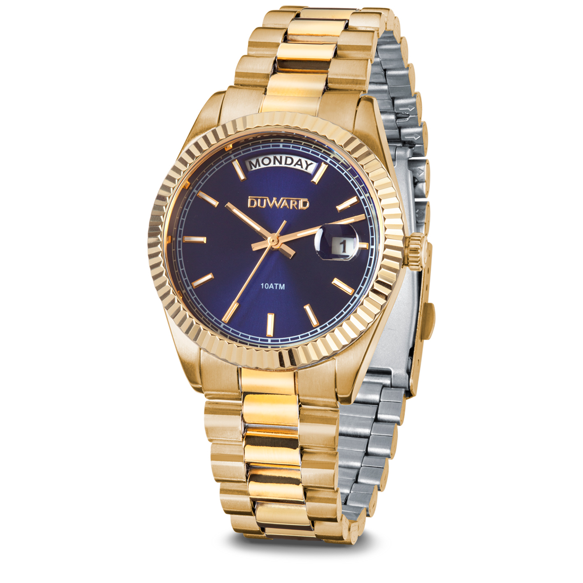 Reloj para mujer de acero ip dorado con calendario y semanario esfera azul 10 atm