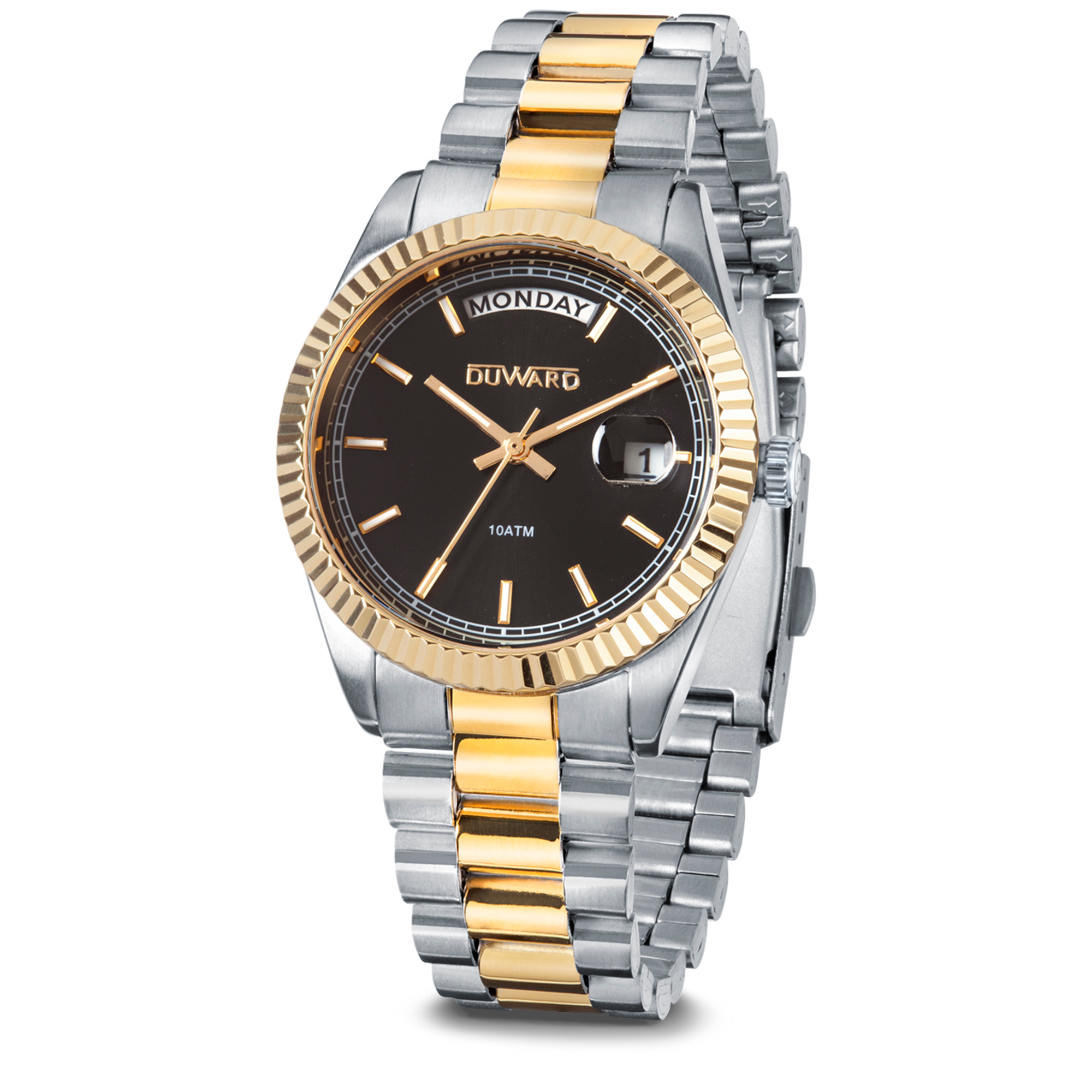 Reloj para mujer de acero bicolor dorado esfera verde con calendario y semanario 10 atm