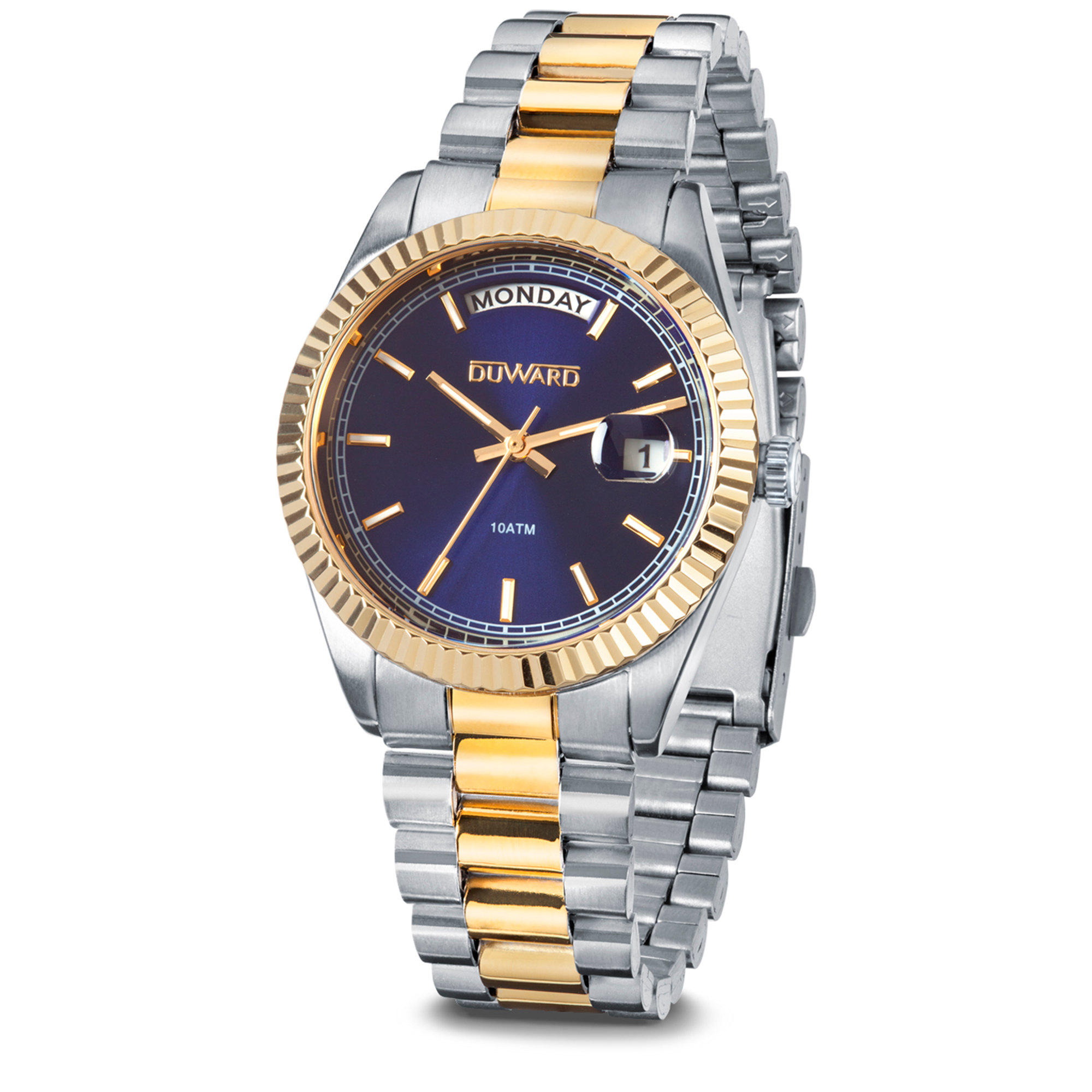 Reloj para mujer de acero bicolor dorado esfera verde con calendario y semanario  10 atm