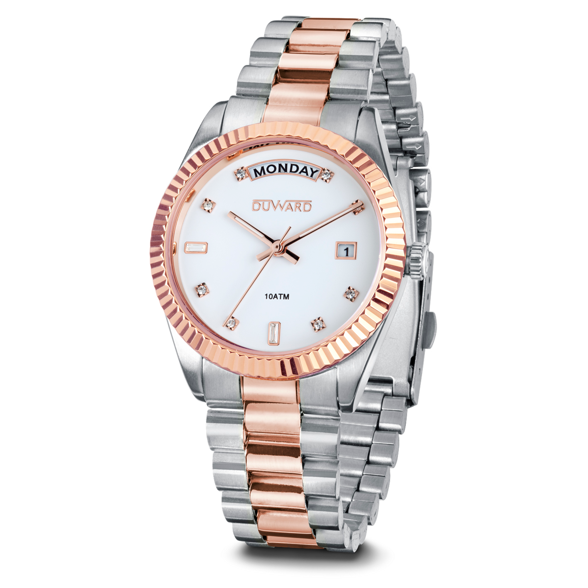 Reloj para mujer de acero bicolor rosado con calendario y semanario  10 atm