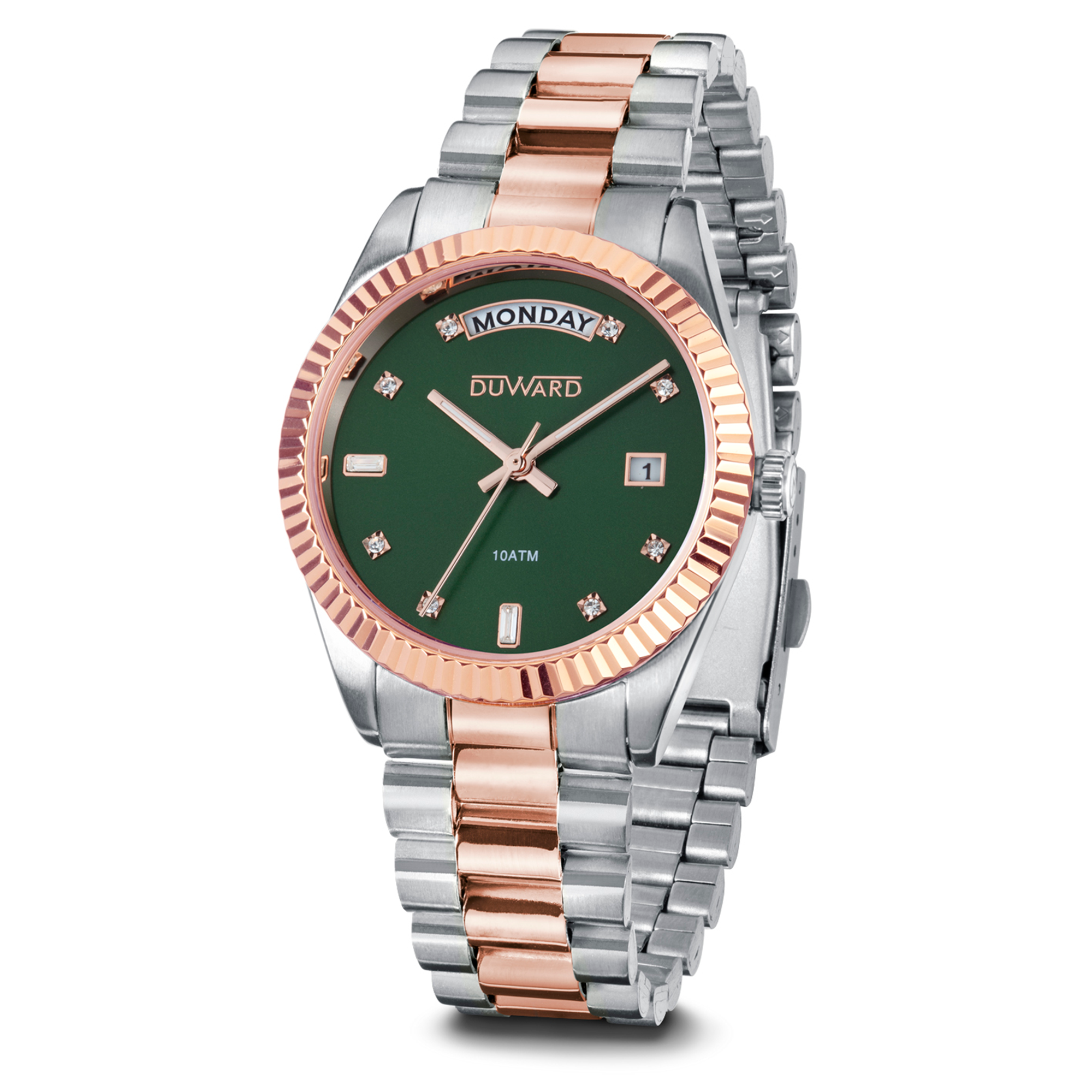 Reloj para mujer de acero bicolor rosado esfera verde con calendario y semanario 10 atm