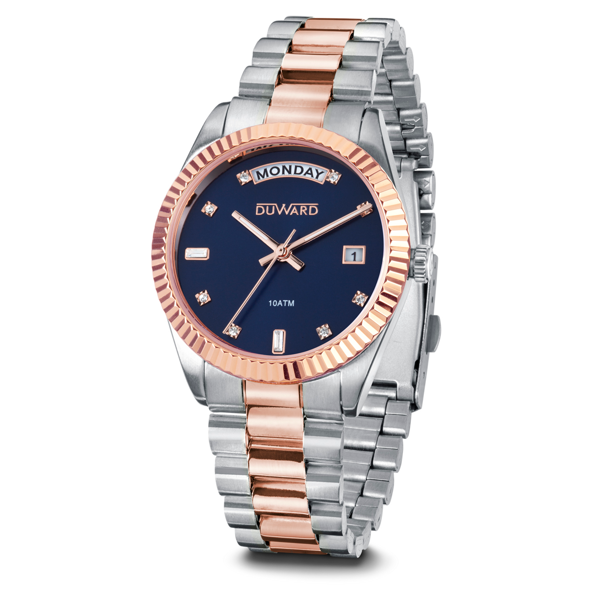 Reloj para mujer de acero bicolor rosado esfera azul con calendario y semanario  10 atm