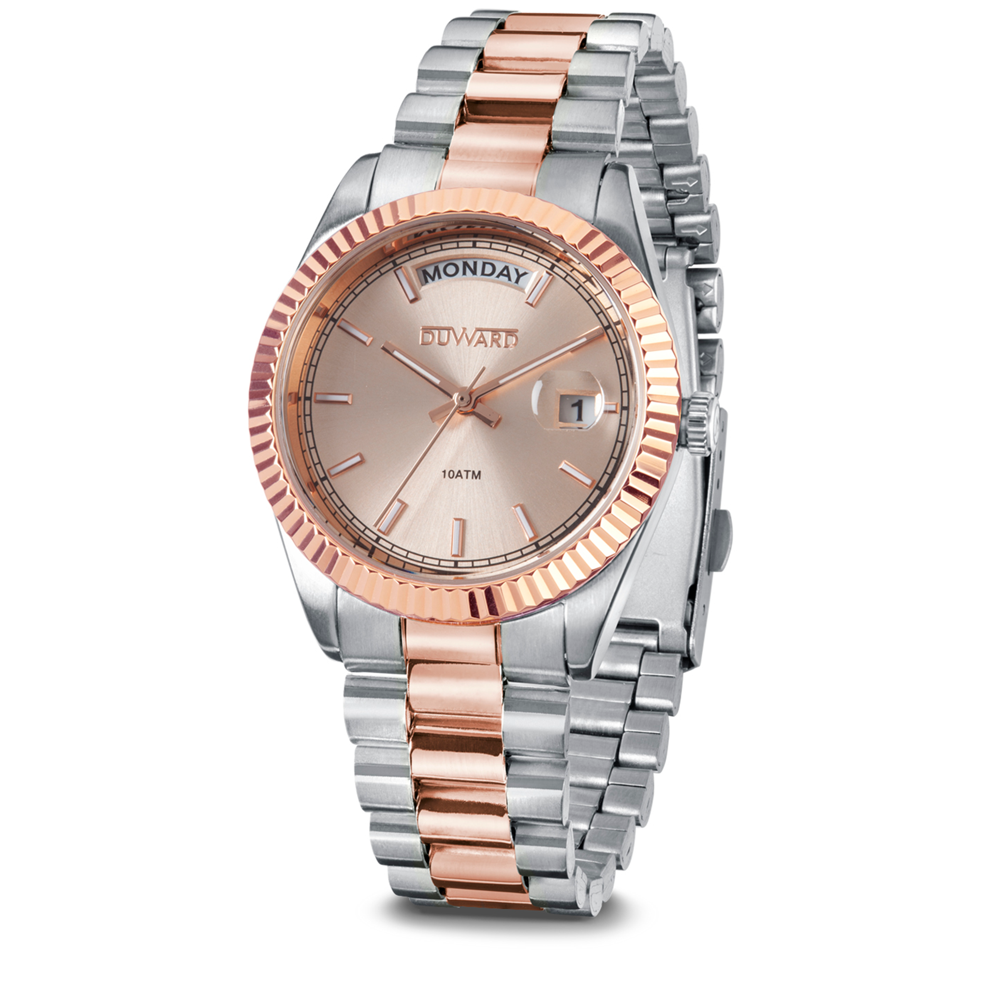 Reloj para mujer de acero bicolor rosado esfera rosada  con calendario y semanario 10 atm